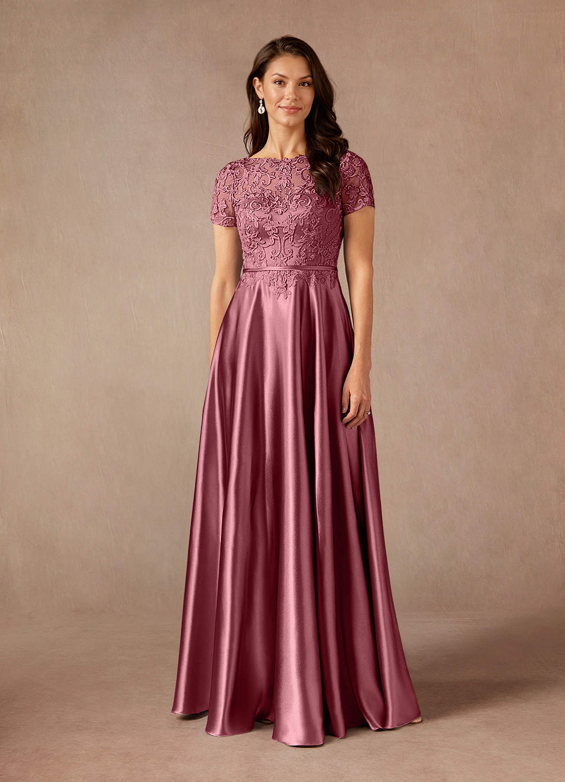 Azazie Adina Desert Rose A-Line Lace Metallic Satin Dress | Azazie CA