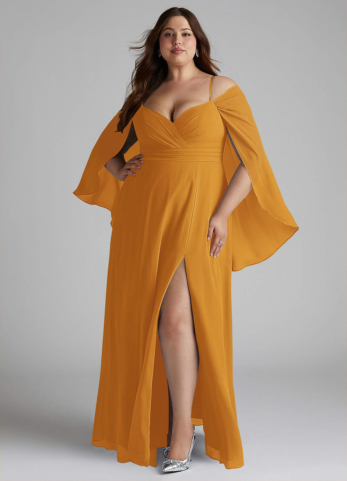 Azazie Cienna Bridesmaid Dresses Butterscotch A-Line Long Sleeve Chiffon Dress image1