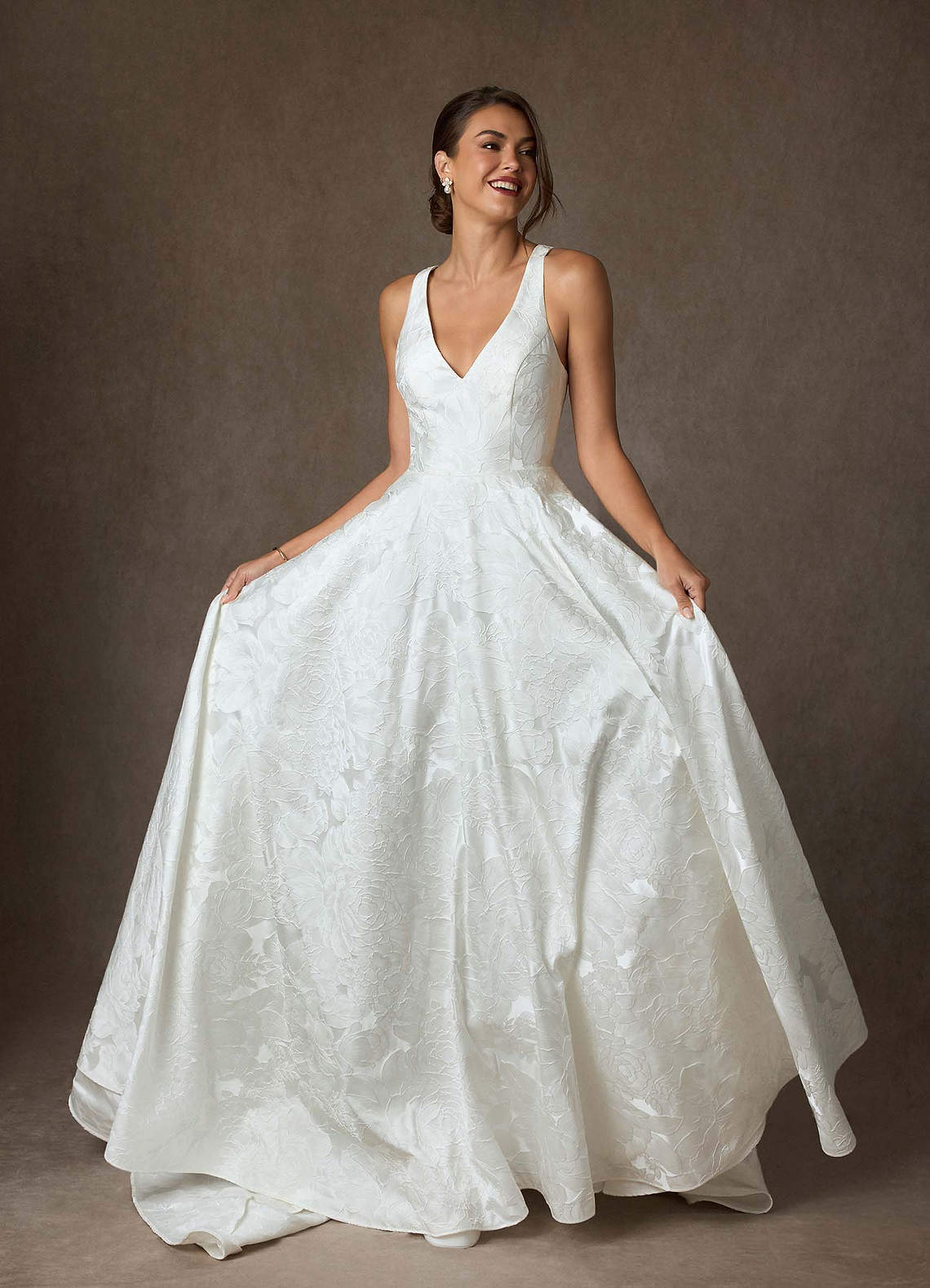 Azazie Olivette Diamond White Ball-Gown Strap Floral Jacquard