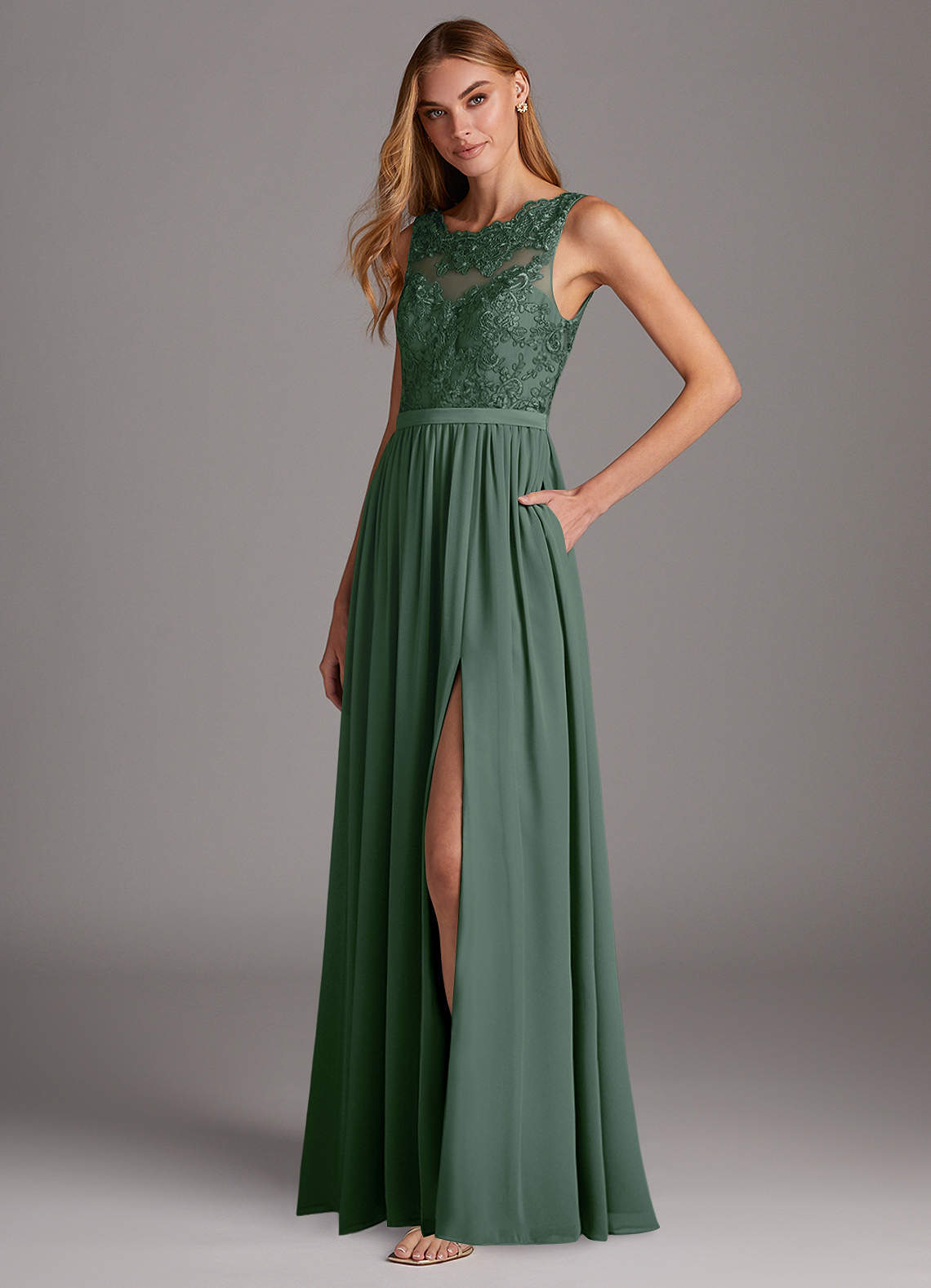 Azazie A-Line Scoop Neck Floor-Length Chiffon Bridesmaid Dresses Eucalyptus Azazie A-Line Scoop Neck Floor-Length Chiffon Bridesmaid Dresses Eucalyptus
