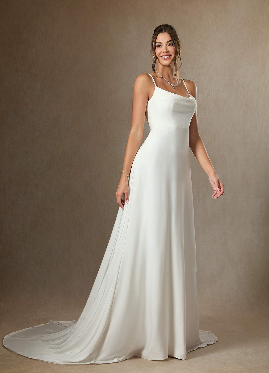 Azazie Shiv Wedding Dresses Diamond White A-Line Beaded Crepe Back Satin Dress image4