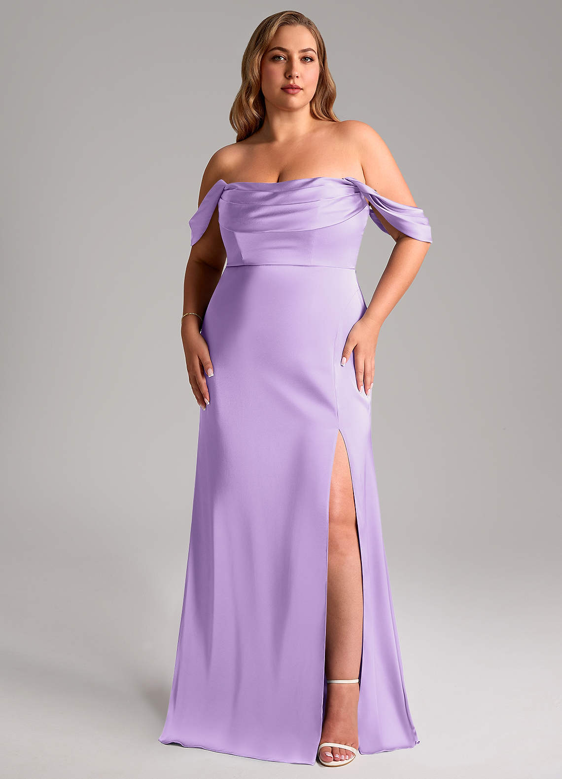 Azazie Saige Bridesmaid Dresses Lilac Sheath Off the Shoulder Stretch Satin Dress image10