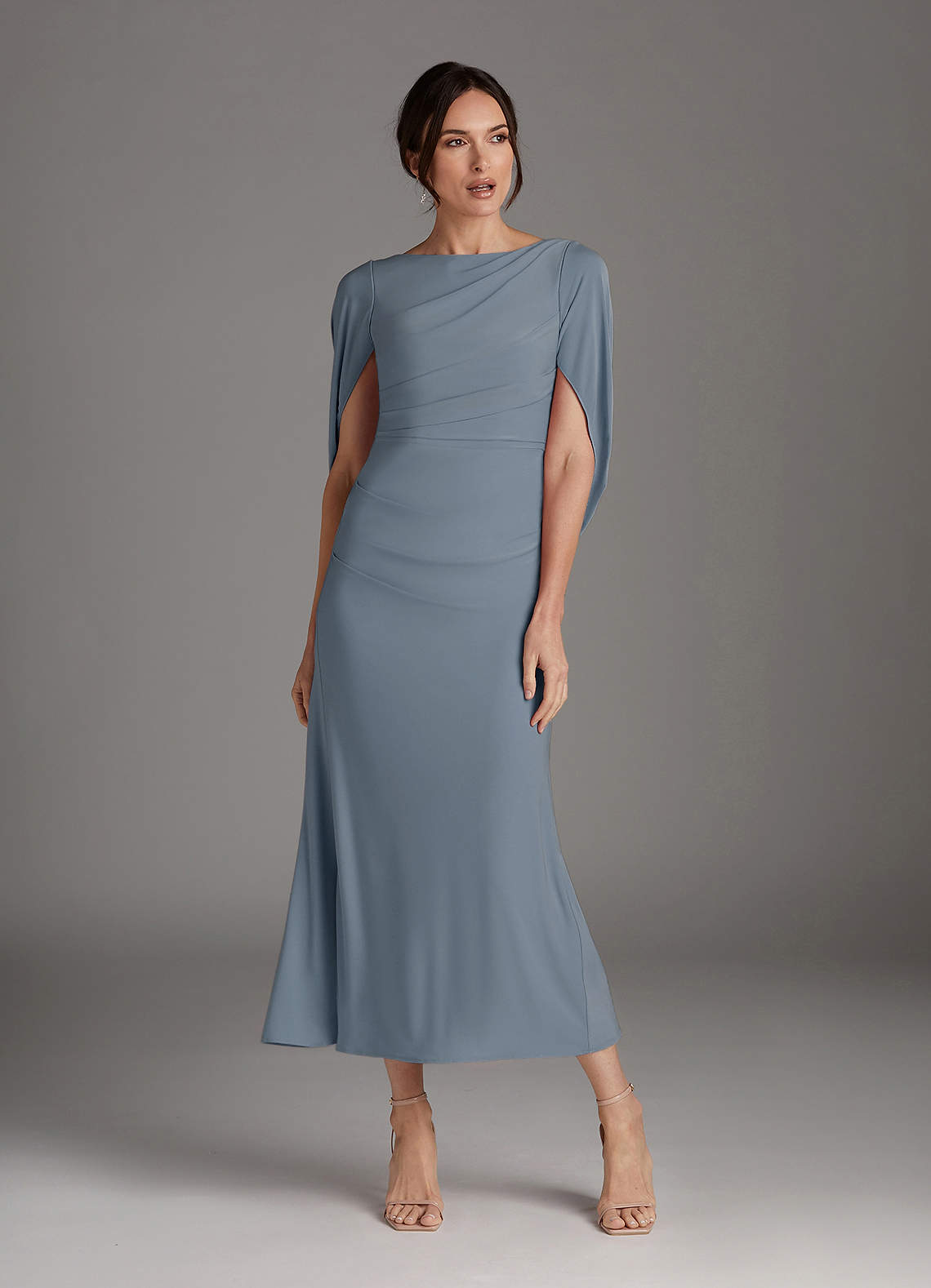 Azazie Bellona Dusty Blue Sheath Boatneck Luxe Knit Dress Ready to