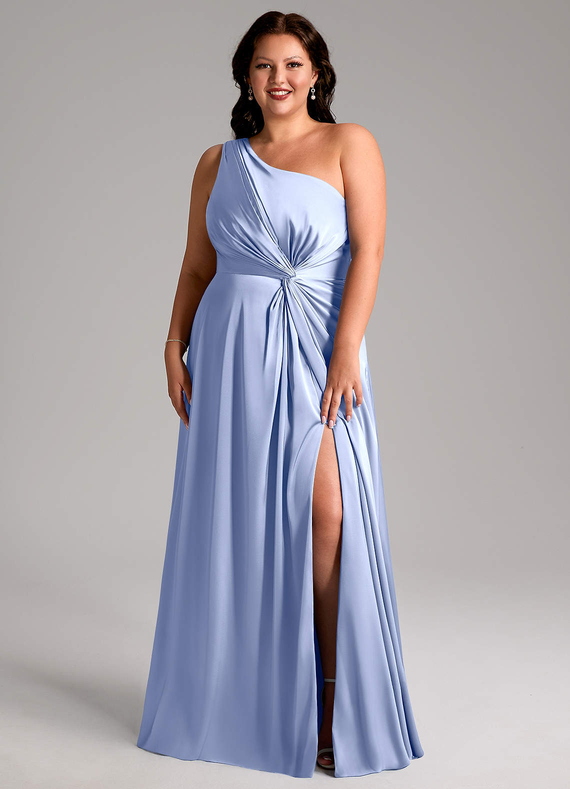 Azazie Brooke Brautjungfernkleider A-Linie One-Shoulder Stretch-Satin Kleid Eis image1