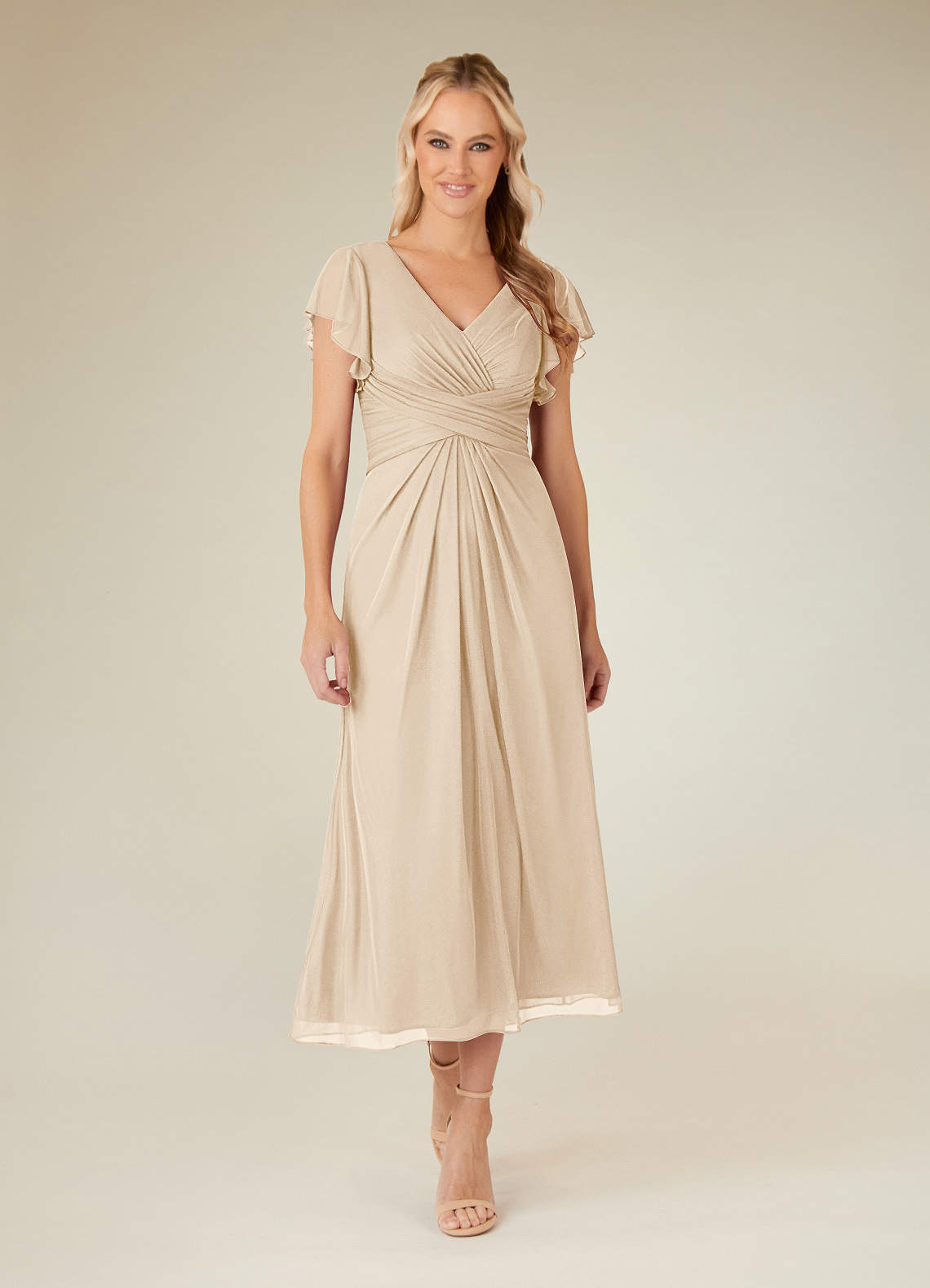 Azazie Vera Champagne A-Line V-Neck Pleated Mesh Dress | Azazie