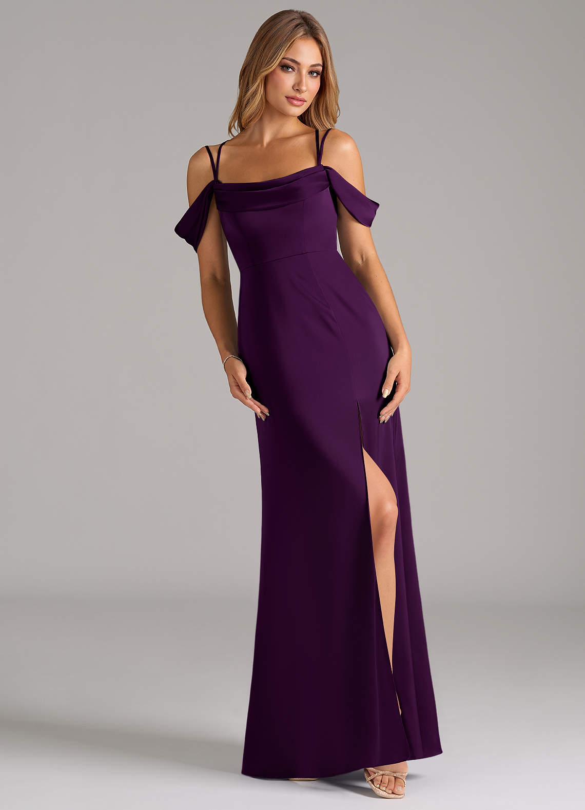 Azazie Callan Bridesmaid Dresses Grape A-Line Pleated Stretch Satin Convertible Dress image1