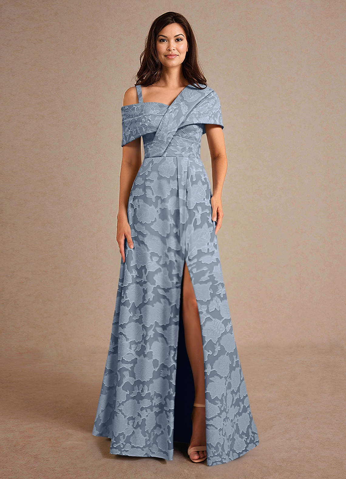 Azazie Milton vestidos de madre de la novia Vestido de Azul Polvoriento de Devorado Floral de Corte En A con Plisado image5