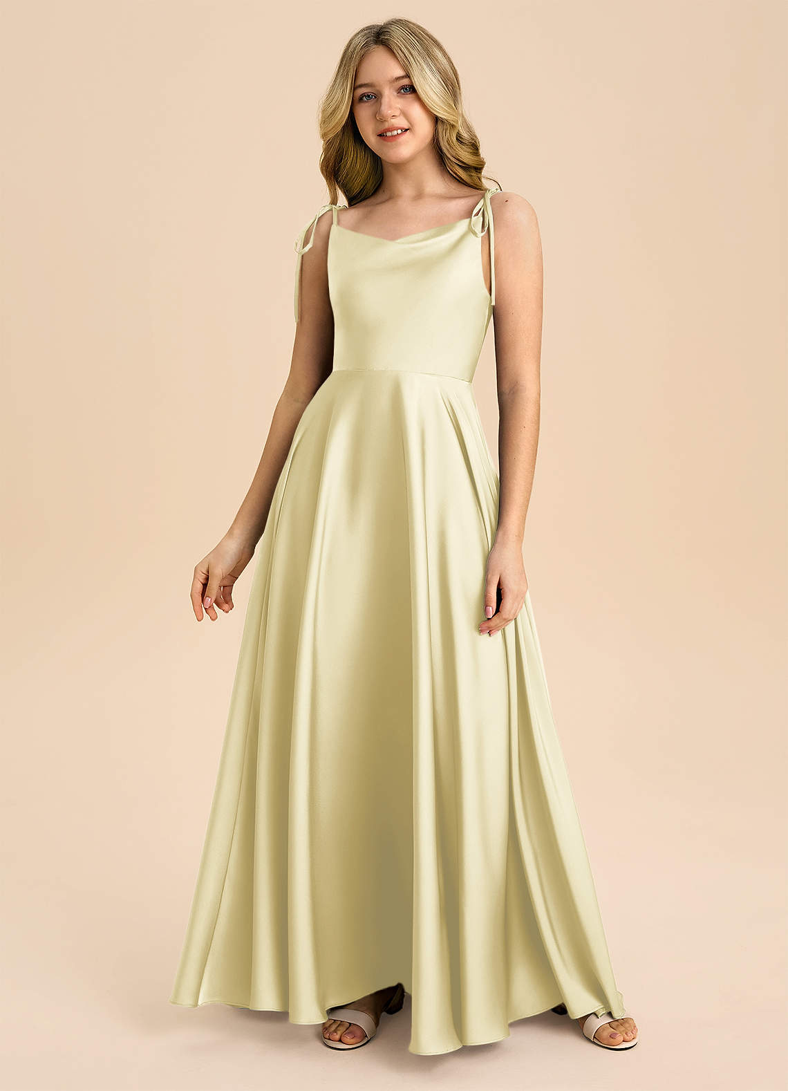 Azazie Popsy Junior Lemon Sorbet A-Line Bow Stretch Satin Dress image2