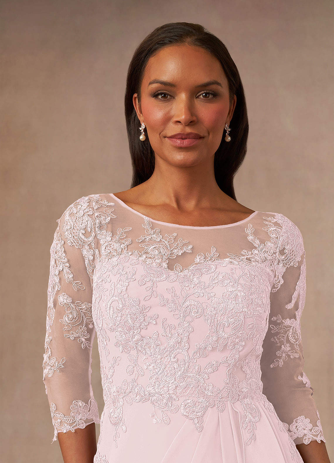 A-Line/Princess Scoop Chiffon Mother of the Bride Dresses 3/4 Sleeves Lace Floral Tea-Length With Pleated Bowknot