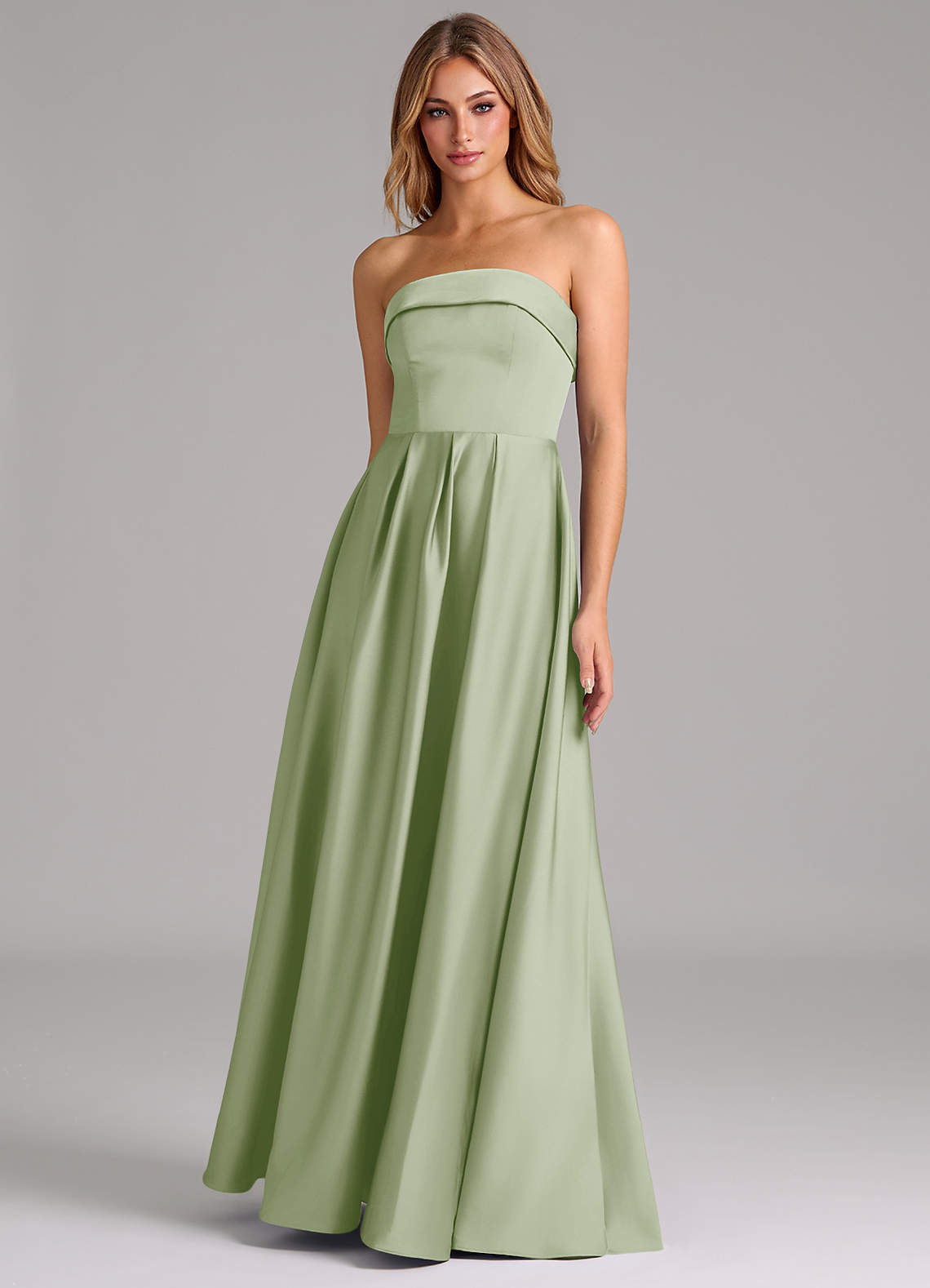 Azazie Lucienne Kleider zum Anprobieren zu Hause Wandelbar A-Linie Schulterfrei Stretch-Satin Kleid Staubiger Salbeigrün image1