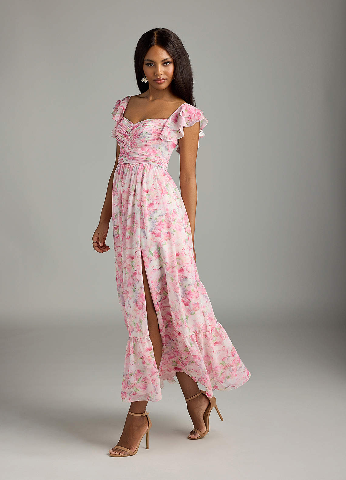 Azazie Anaya Brautjungfernkleider Eine Linie Herzausschnitt Chiffon Kleid Abstraktes Aquarell Mit Blumen image4