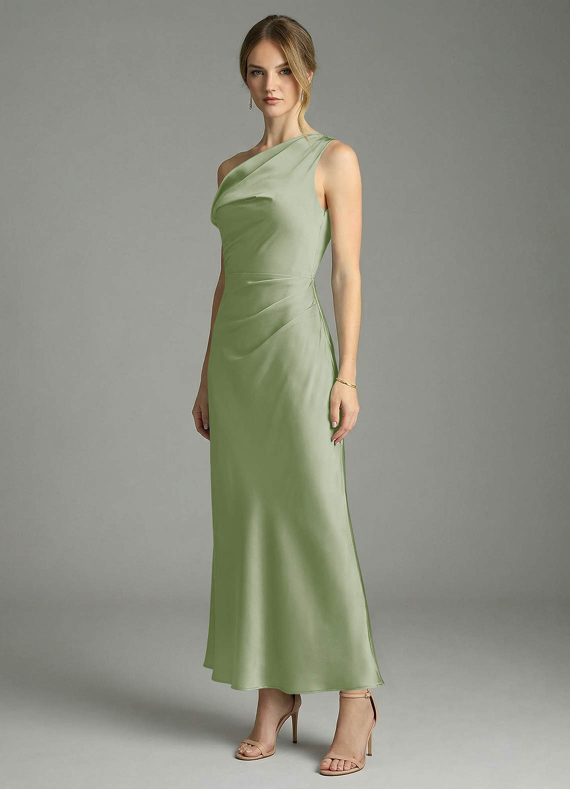 Azazie Emerson Bridesmaid Dresses Dusty Sage Mermaid Off the Shoulder Stretch Satin Dress image3