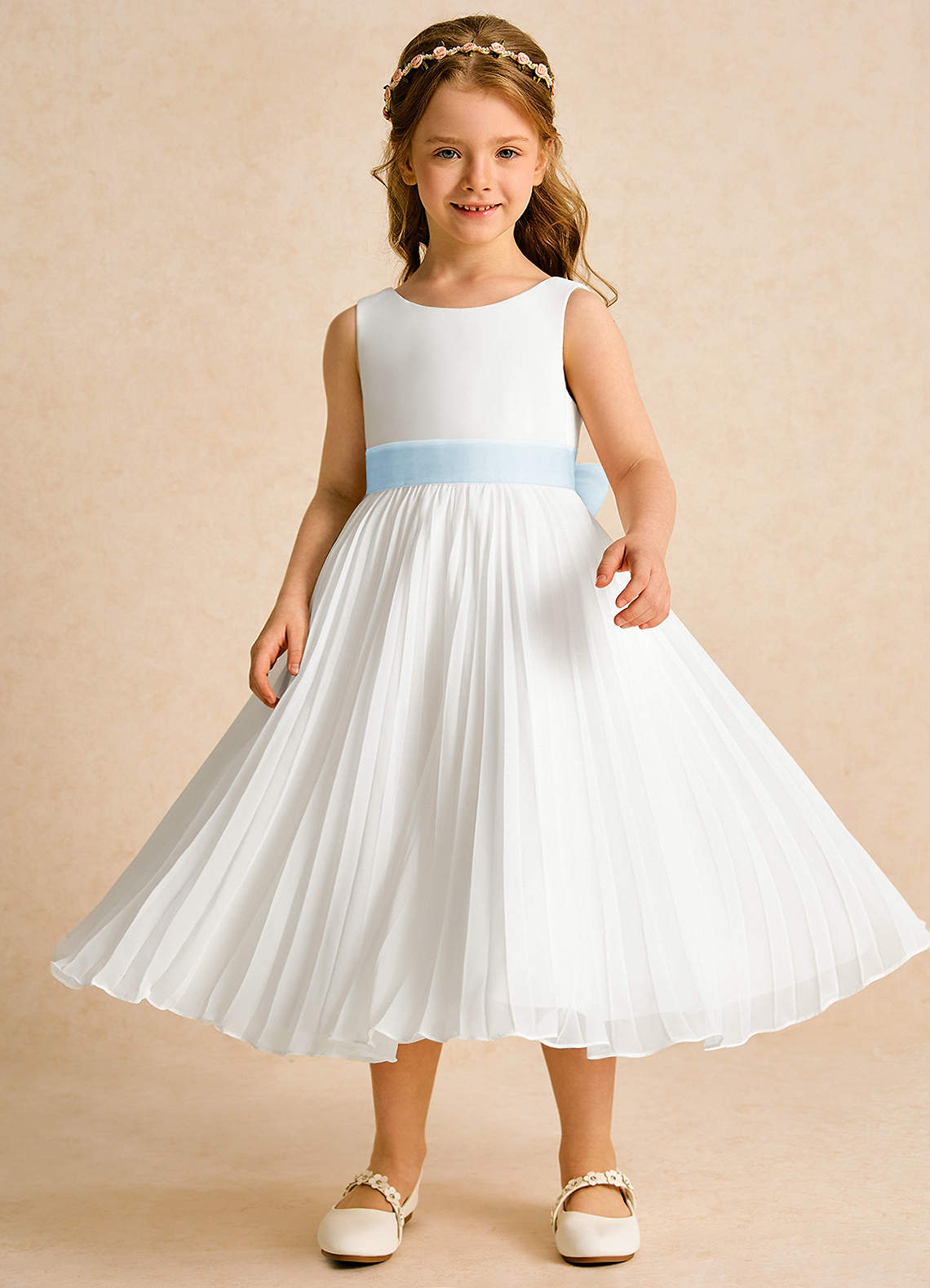 Azazie Margot Flower Girl Dresses Ivory Sky Blue A-Line Pleated Chiffon Dress image3