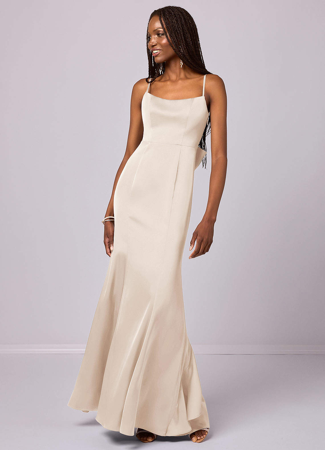 Barbie ♥ Azazie Bridesmaid Dresses White Alabaster Mermaid Bow Stretch Satin Dress image1