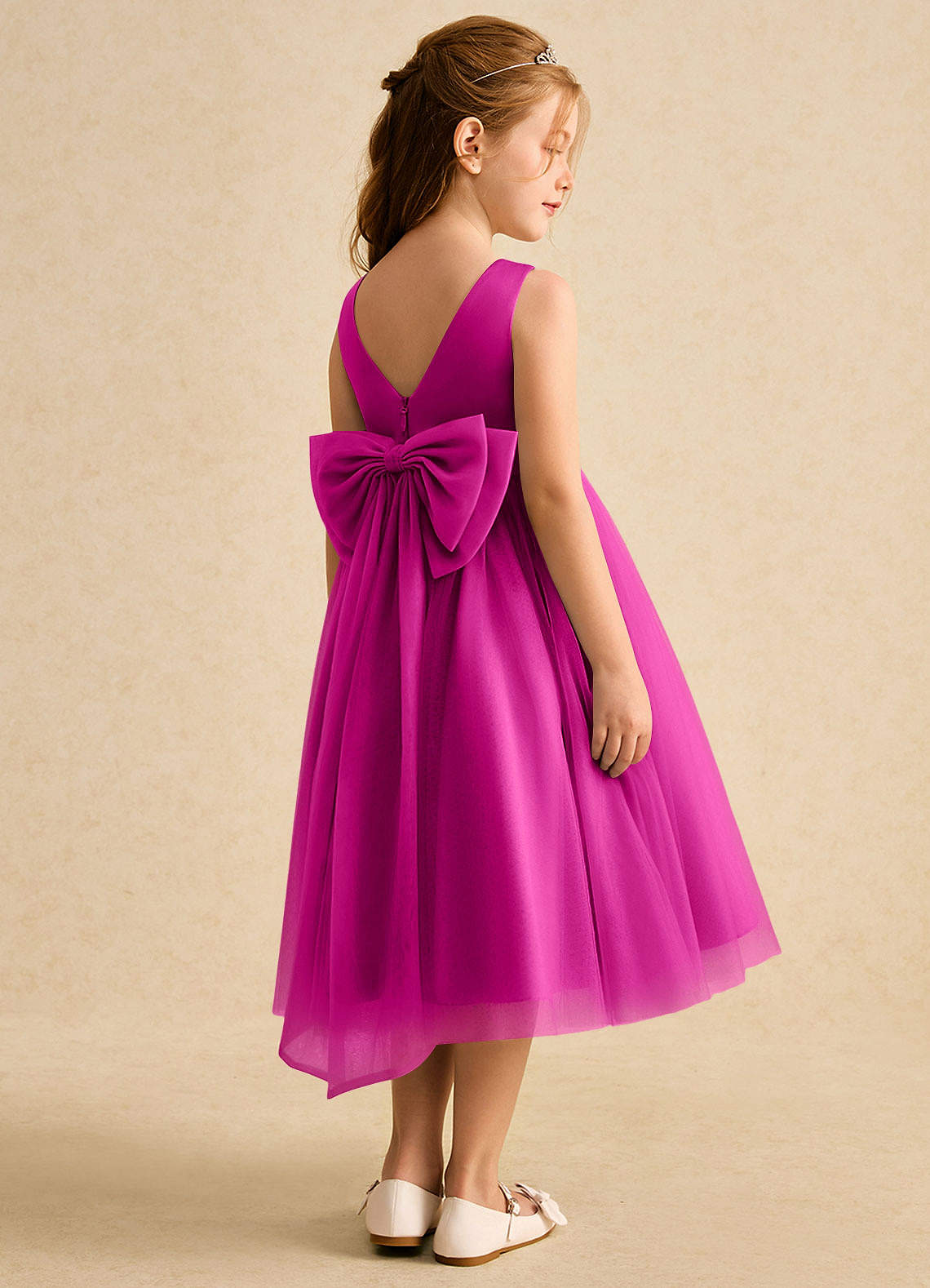 Azazie Winnie Robe Demoiselle D'honneur Fillette Robe Princesse en Tulle Arc Fuchsia image2