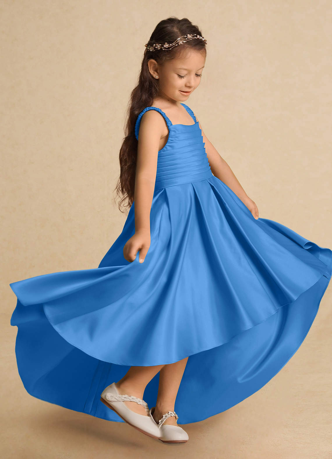 Azazie Kat Flower Girl Dresses Blue Jay A-Line Pleated Matte Satin Dress image1