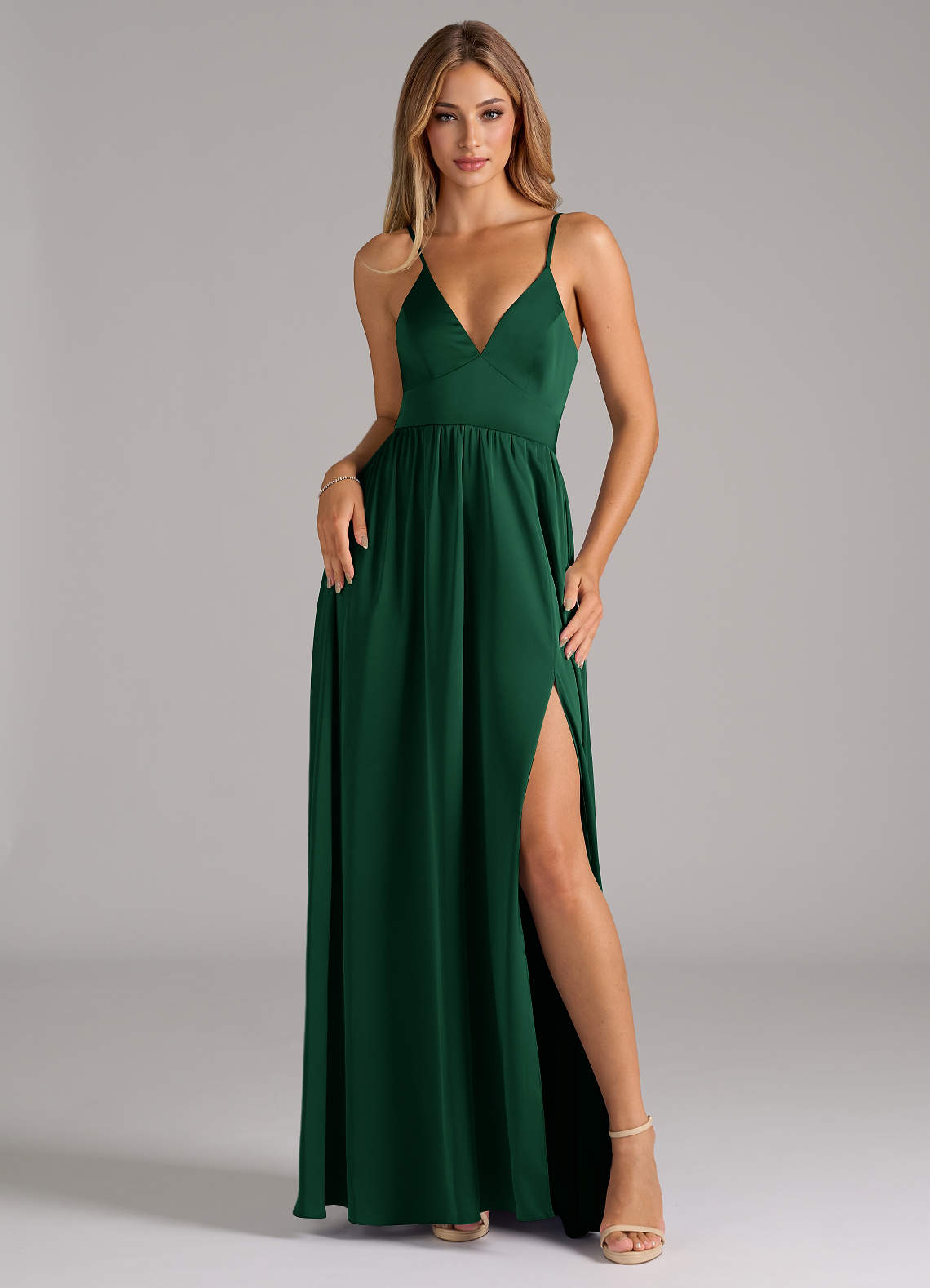 Azazie Aaida Abiti da Damigella Abito A-Line in Raso Elasticizzato Corsetto Verde Scuro image1