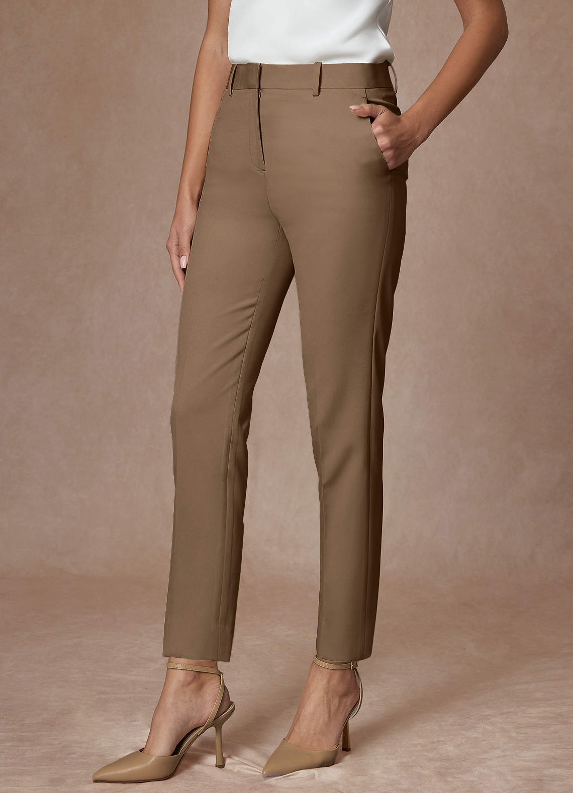front Victoria Truffle Refined Weave Full Length Dress Pants