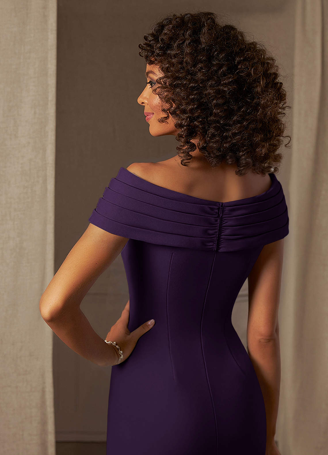 Azazie Monet Mother of the Bride Dresses Plum Sheath Pleated Stretch Crepe Dress image5