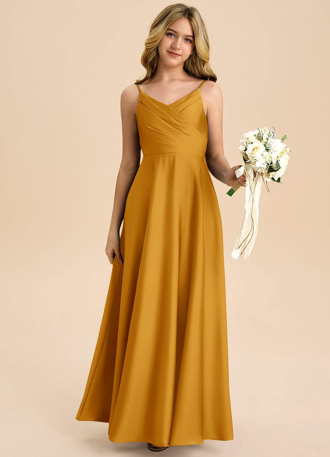 Azazie Bug Junior Robe Trapèze en Satin extensible Plissée Caramel écossais image5