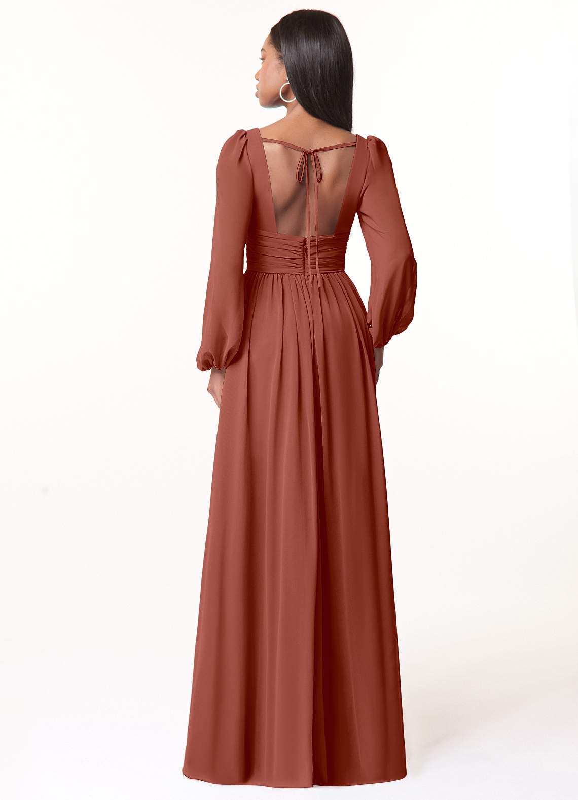 Azazie Norah Bridesmaid Dresses Auburn A-Line V-Neck Long Sleeve Chiffon Dress image1