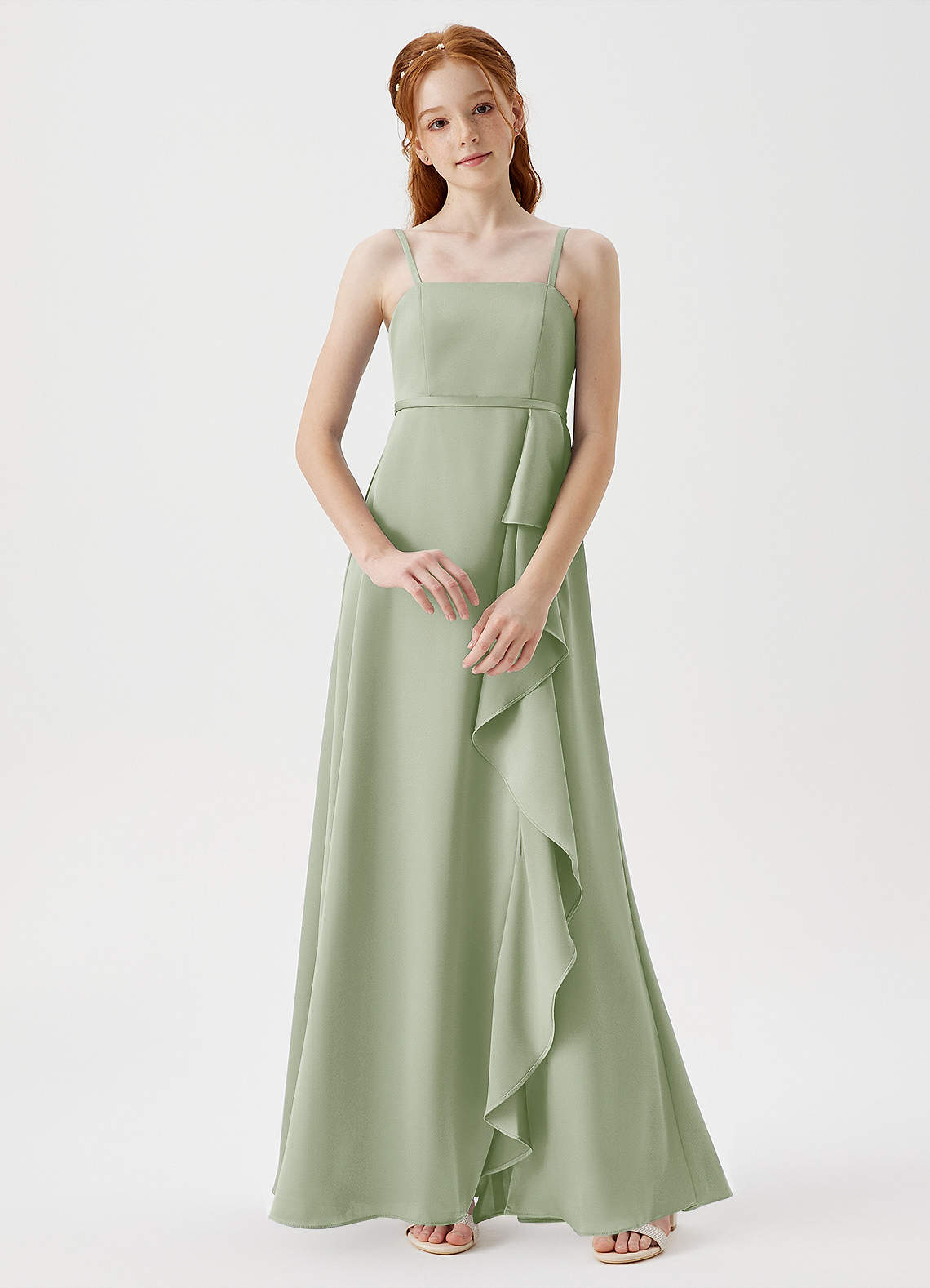 Azazie Kaylee Junior A-Linie Gürtel/Schärpe Stretch-Satin Kleid Staubiger Salbeigrün image1