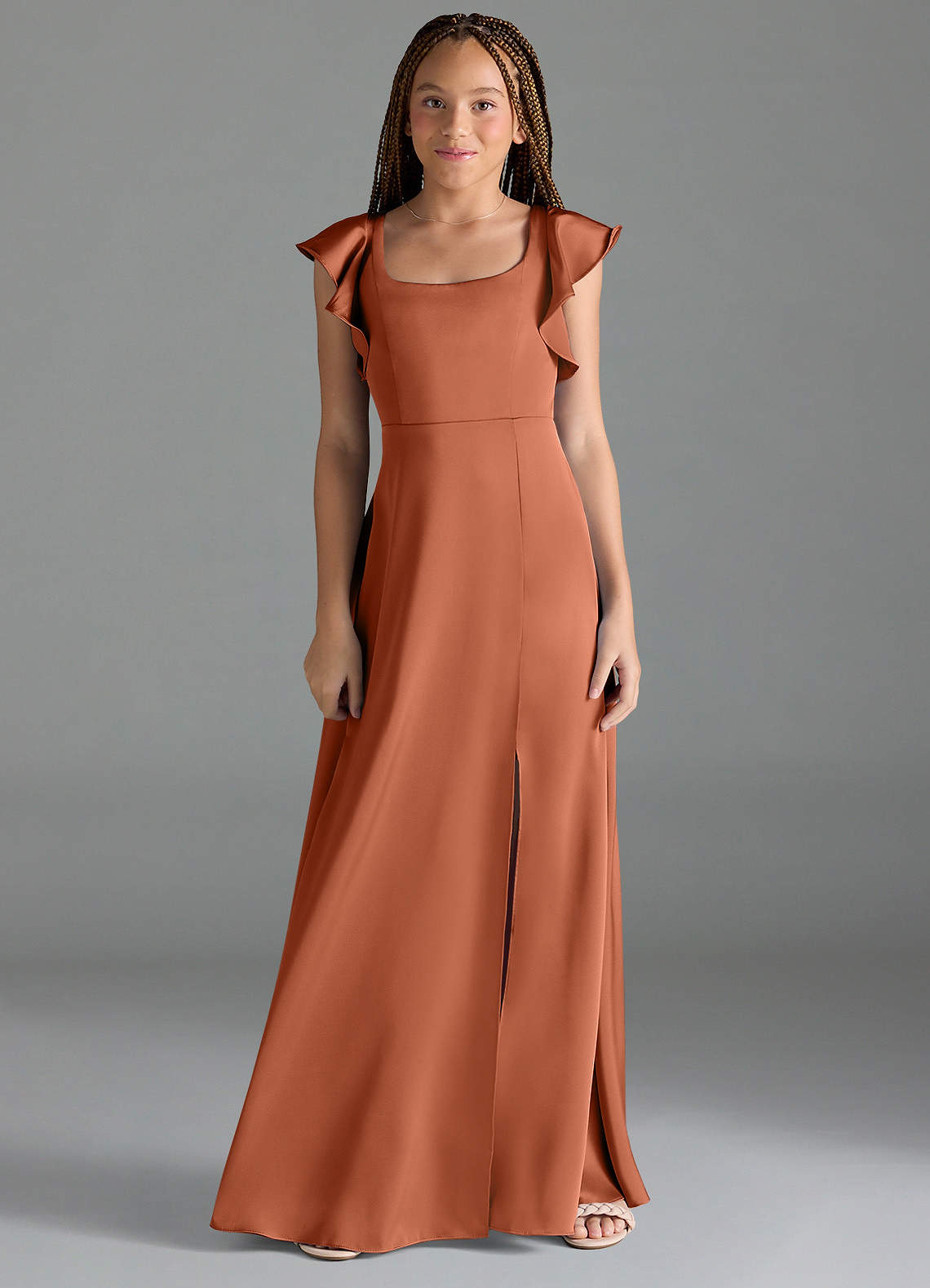 Azazie Bondi Junior Cedar Rose A-Line Side Slit Stretch Satin Dress image1