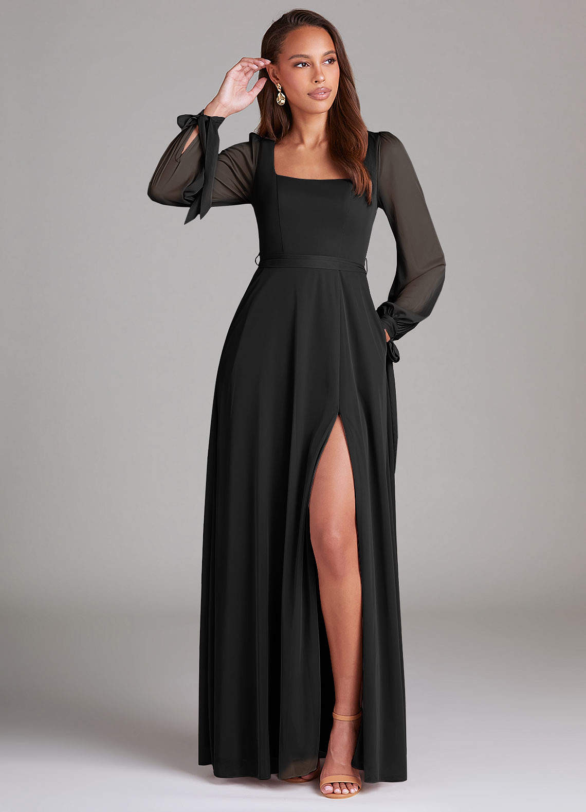 Azazie Leonia Bridesmaid Dresses Black A-Line Long Sleeve Mesh Dress image1