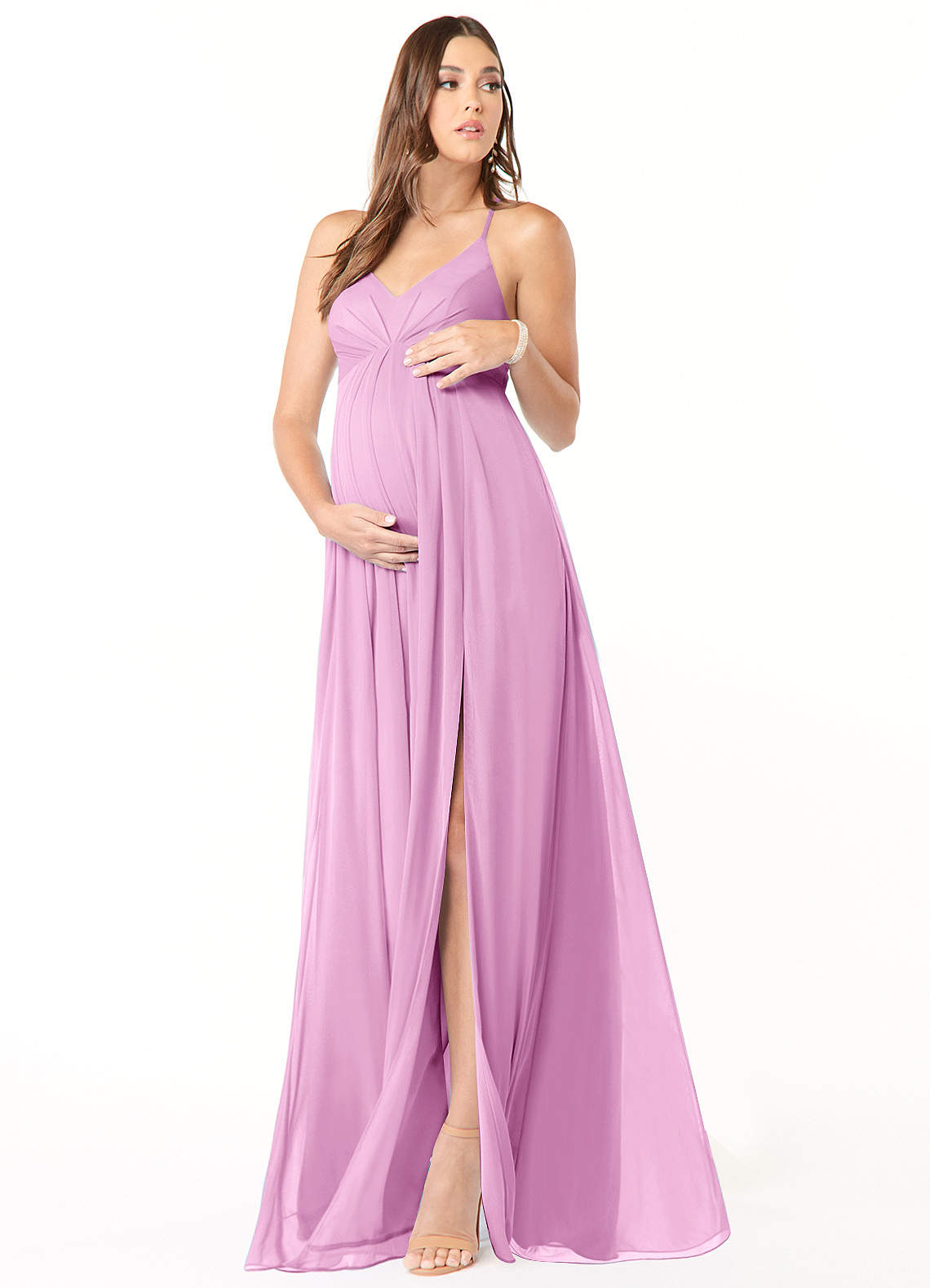 knee length dresses for ladies Momyknows Mesh Solid Color Beading Pearl Rhinestone Long Sleeve Cover-ups  Side Slit Photoshoot Maternity Maxi Dress main image 1