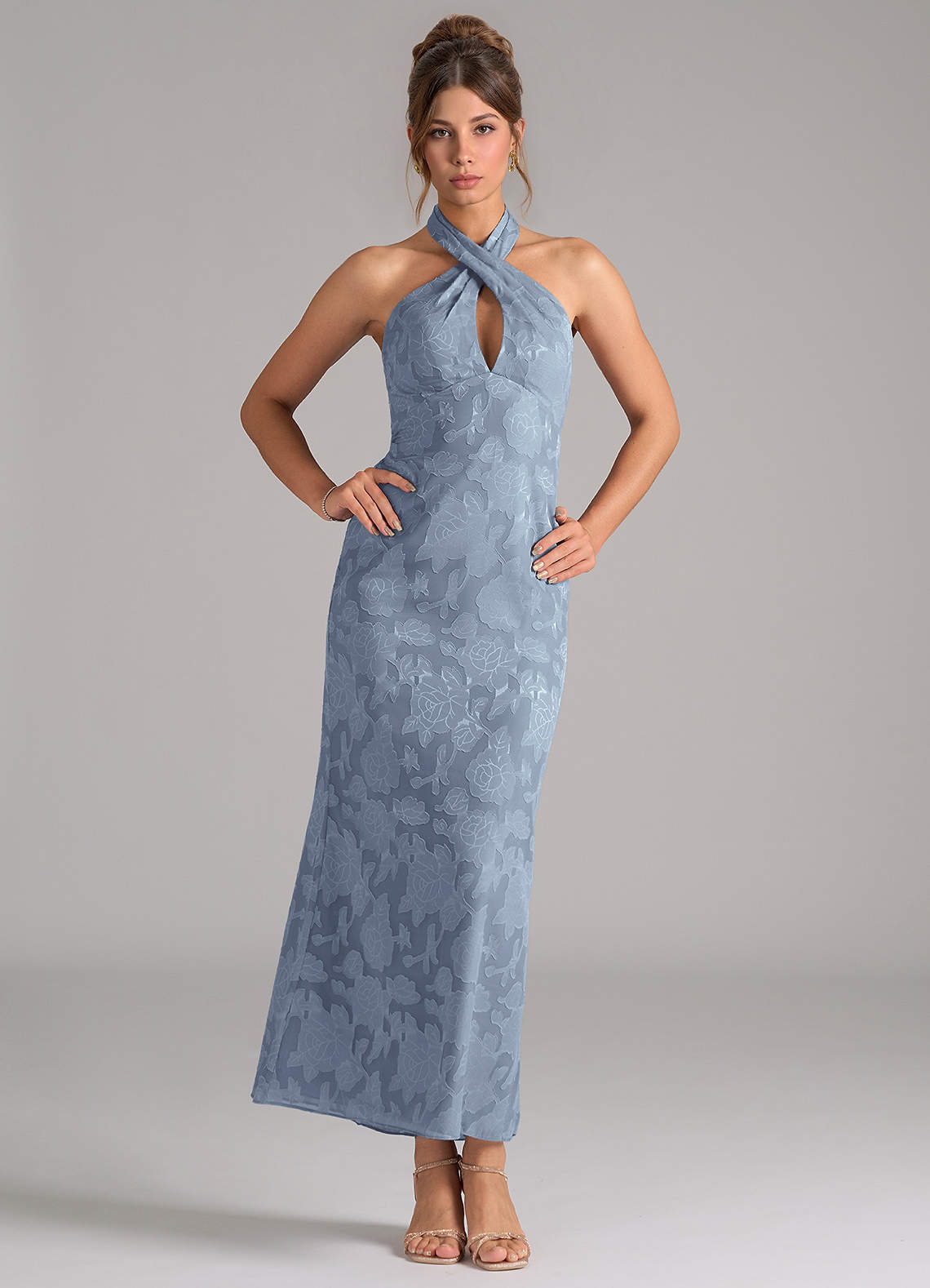 Azazie Marlissa At-home Try On Dresses Dusty Blue Sheath Pleated Floral Burnout Dress image1