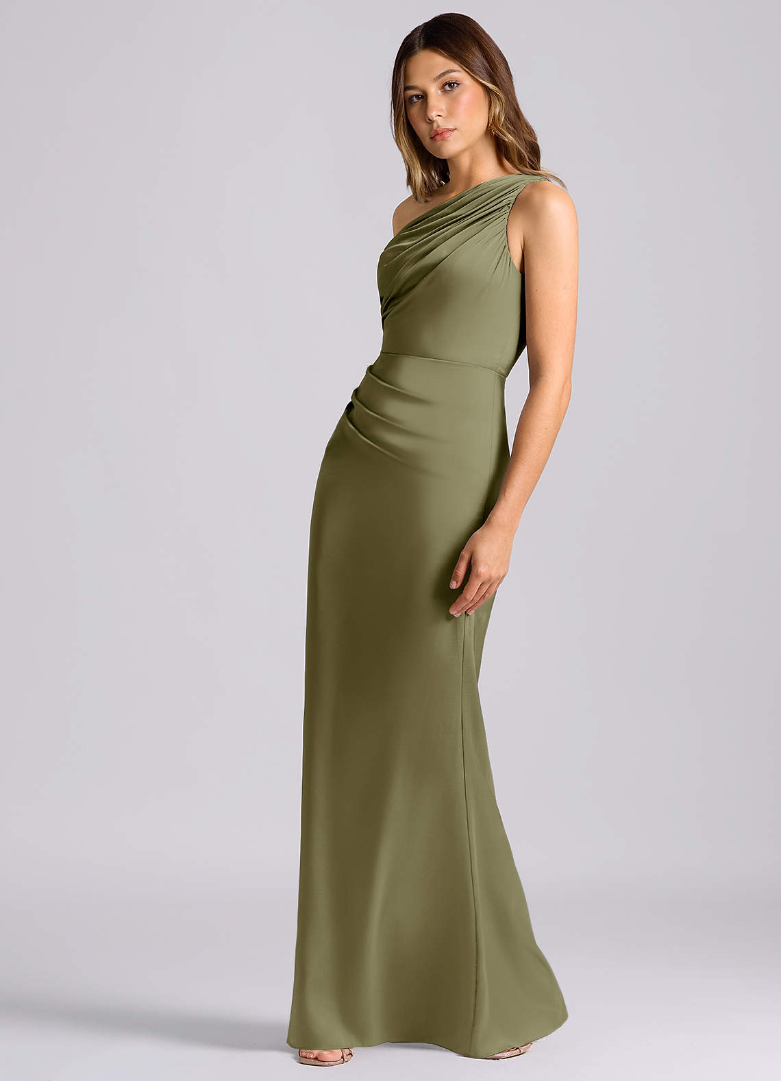 Azazie Akilah Jurken voor bruidsmeisjes Jurk van Stretch Satijn met Zeemeermin One-Shoulder Pistache image4