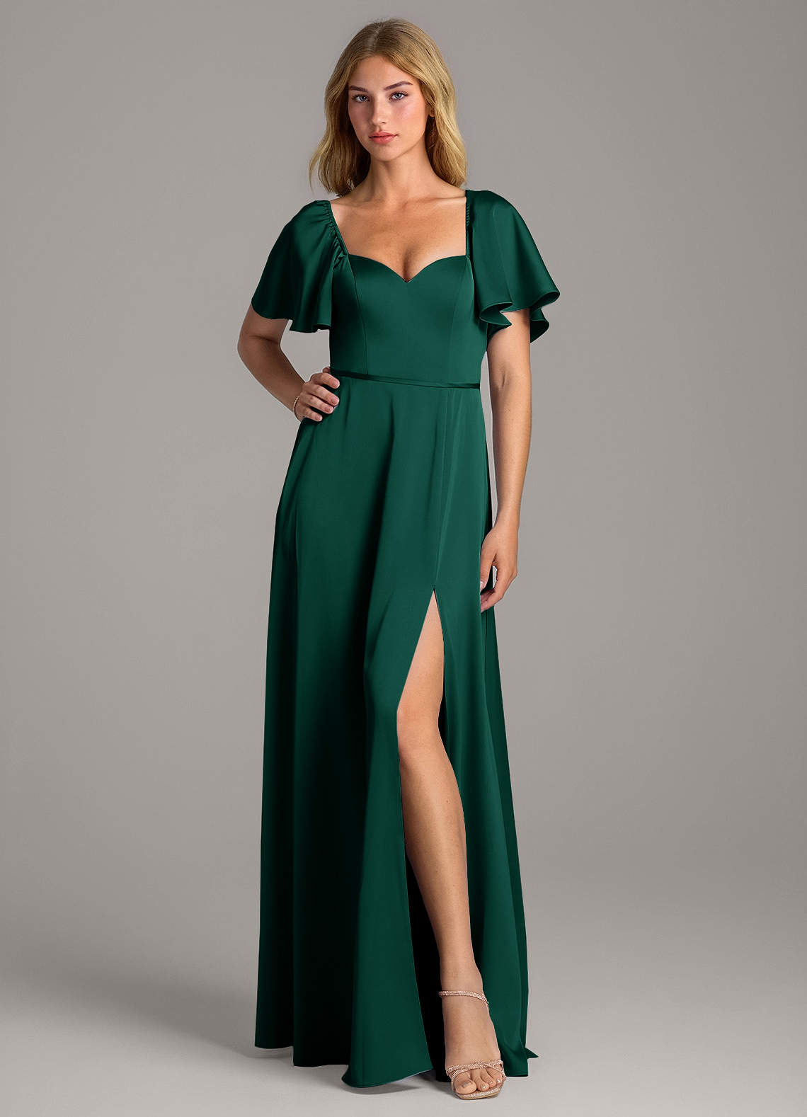 Azazie Chloe Bridesmaid Dresses Emerald A-Line Sweetheart Neckline Stretch Satin Dress image1