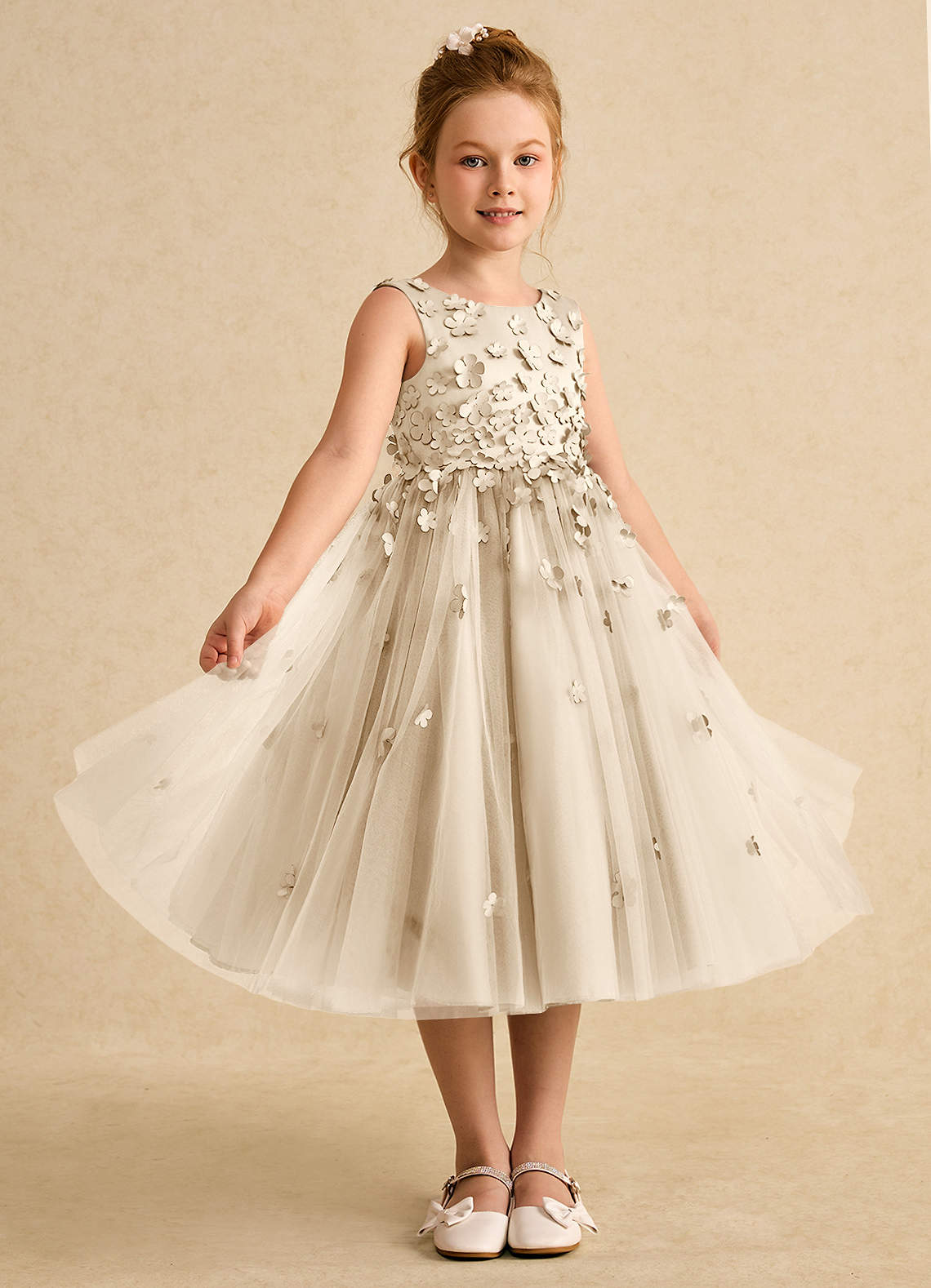 Azazie Lana Flower Girl Dresses Champagne A-Line Sleeveless Matte Satin Dress image4
