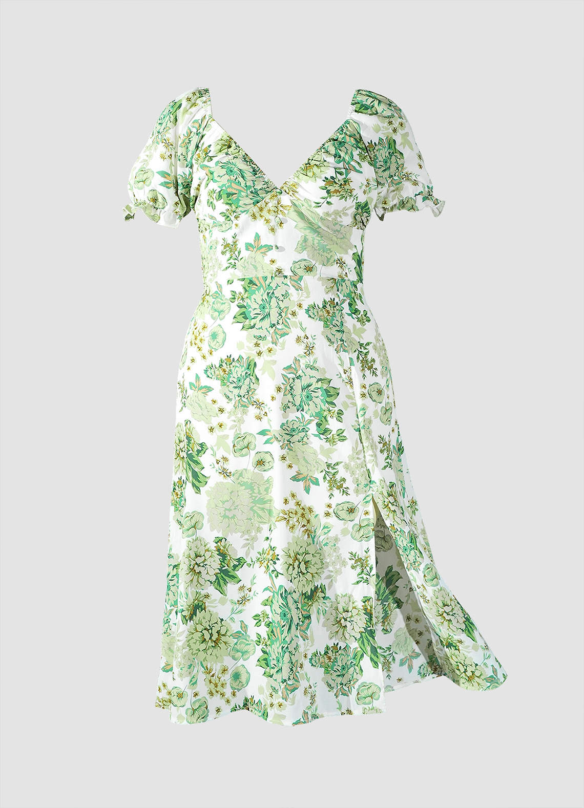 Robe Vert Longueur Midi à Imprimé Floral et Manches Bouffantes image1
