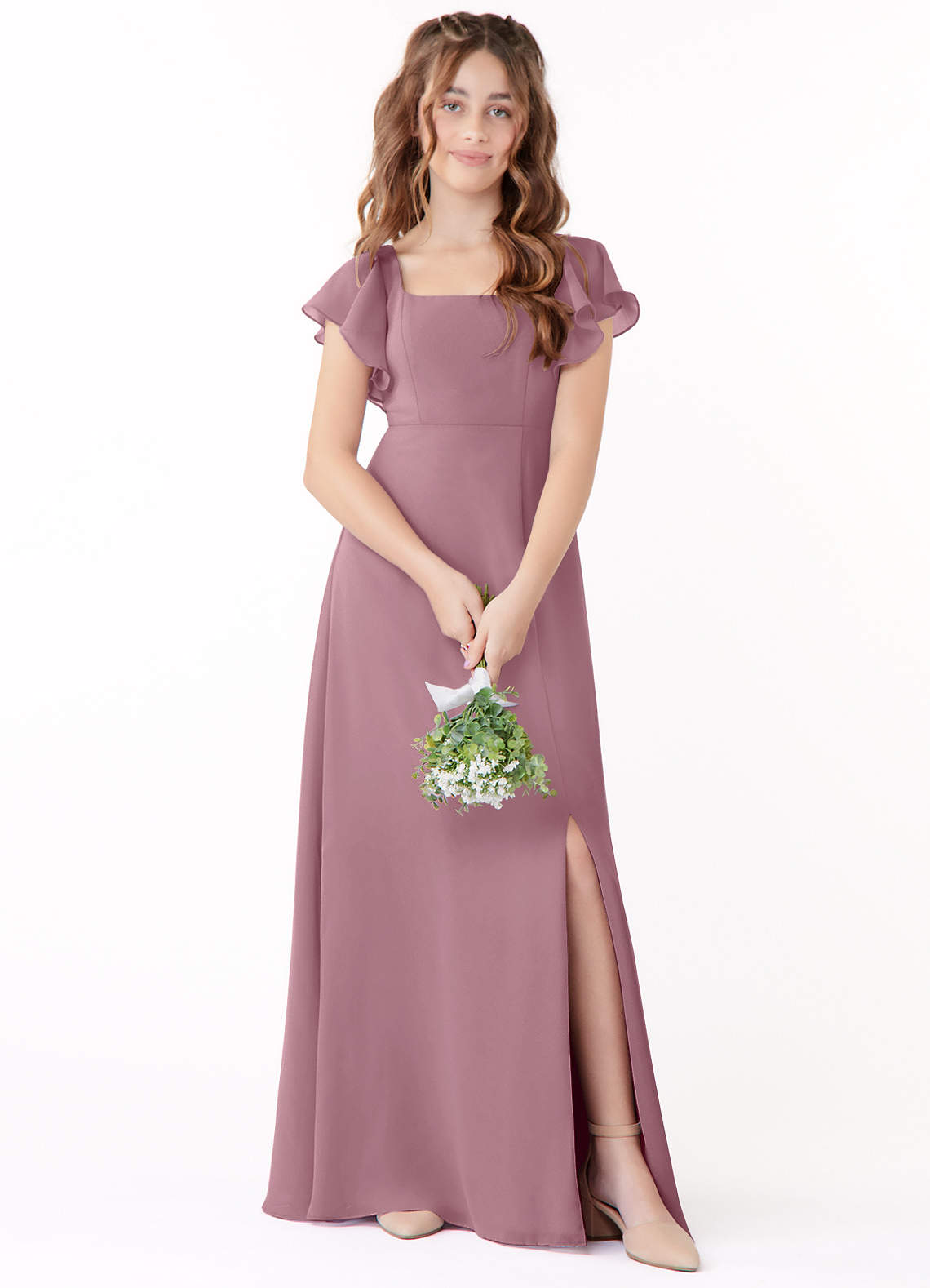 Azazie Bondi Junior Vintage Mauve A-Line Bow Chiffon Dress image1