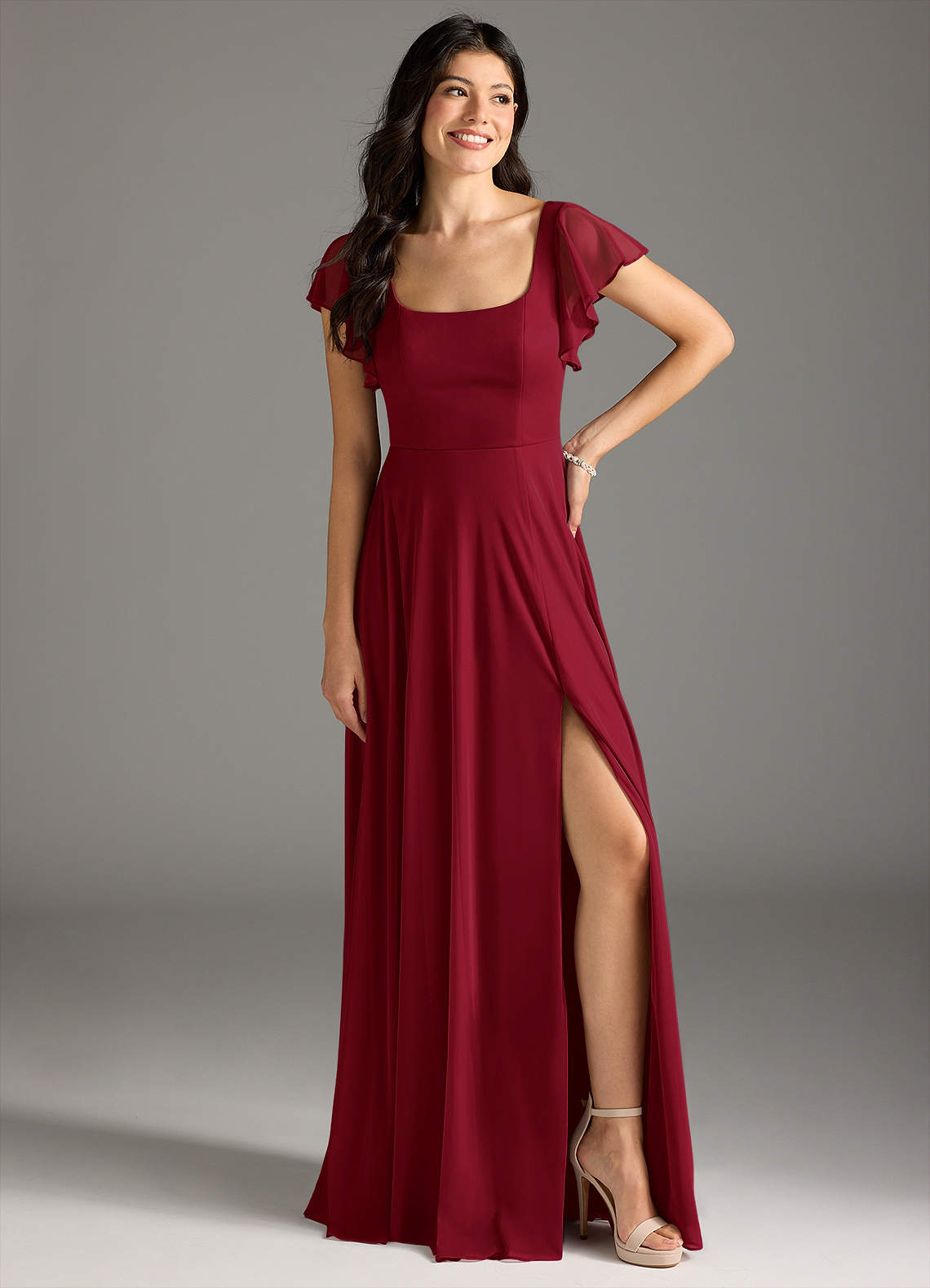 Azazie Bondi 신부 들러리 드레스 A라인 셔링 망사 바닥 길이 드레스 image1