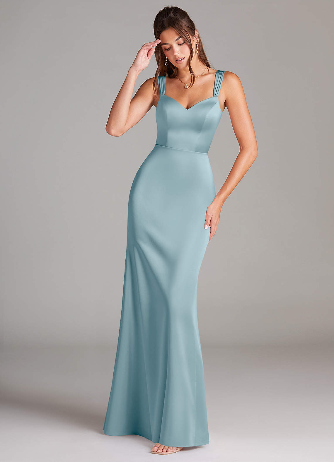 Azazie Denice Brautjungfernkleider Etui Plissee Stretch-Satin Kleid Stimmungsvolles Blau image1