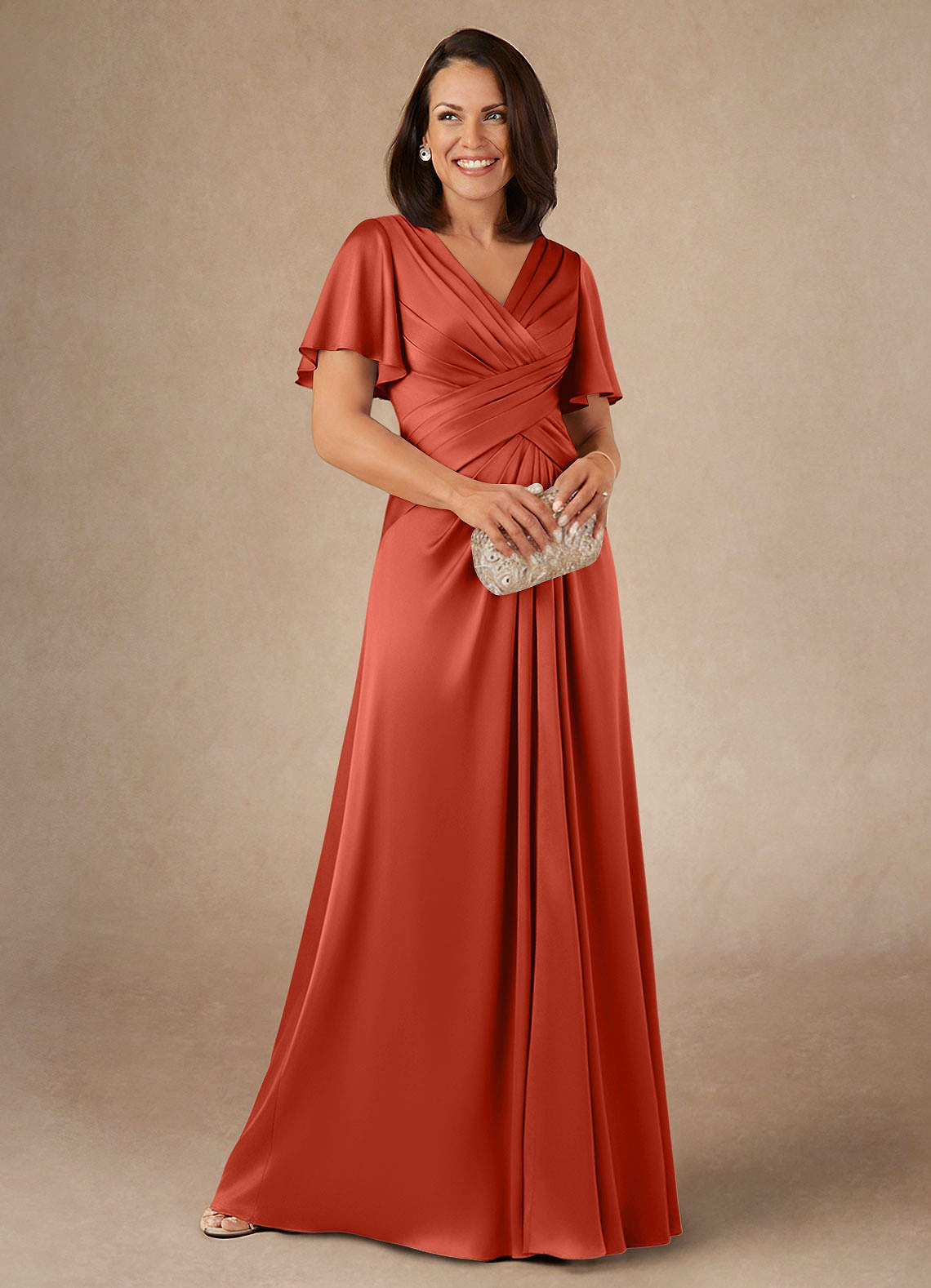 Azazie Emmeline Mother of the Bride Dresses Rust A-Line Pleated Stretch Satin Dress image1