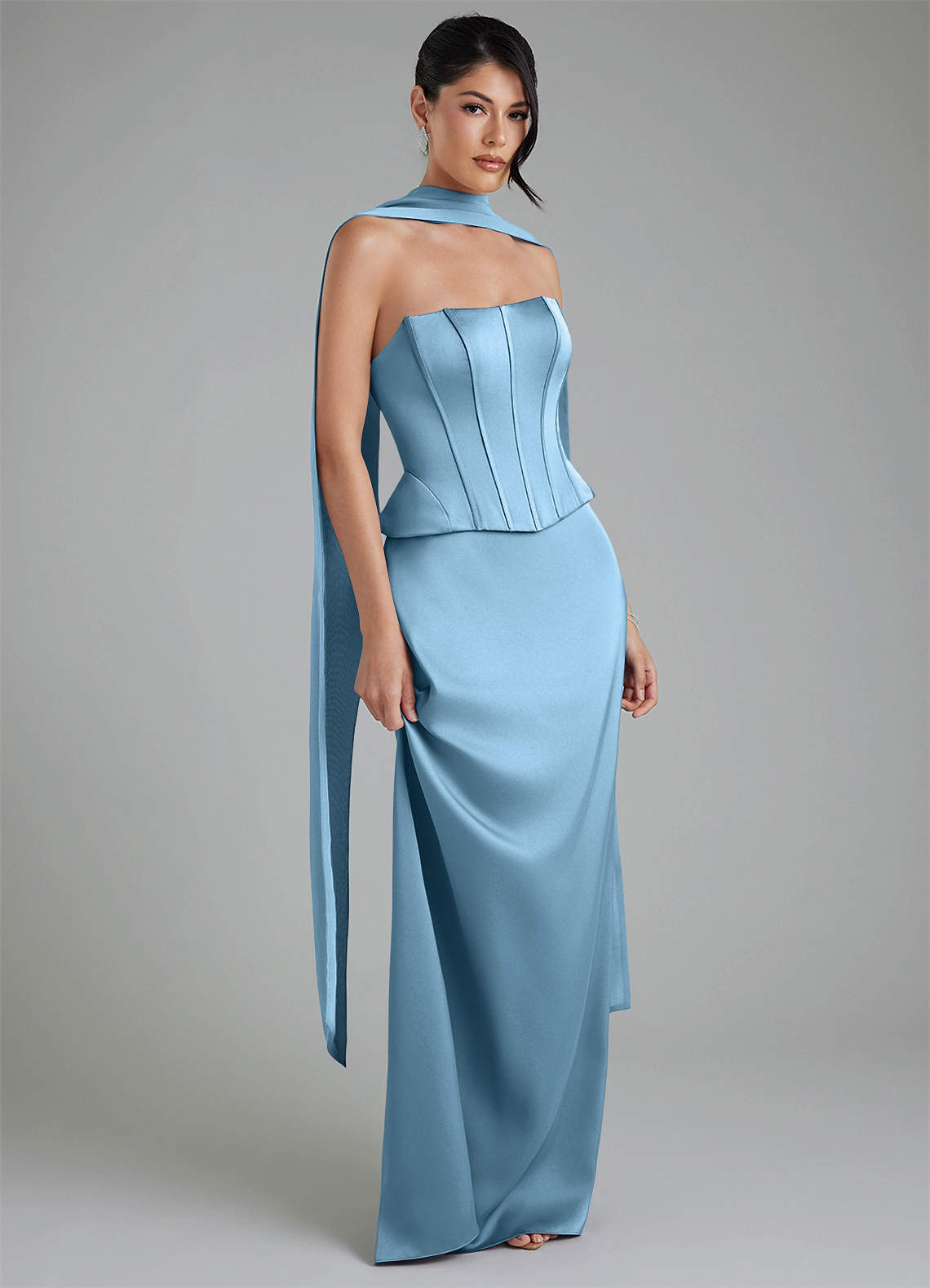 blue corset bridesmaid dress Azazie River Ready to Ship Steel Stretch Satin Dresses engagement outfit