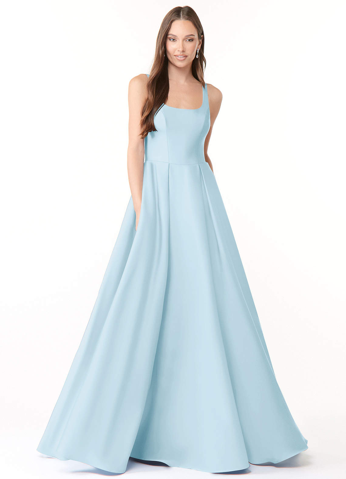 Azazie Neve Vestidos de damas de honor Vestido de Azul Cielo de Satén Elástico de Corte Princesa con Con bolsillos image1