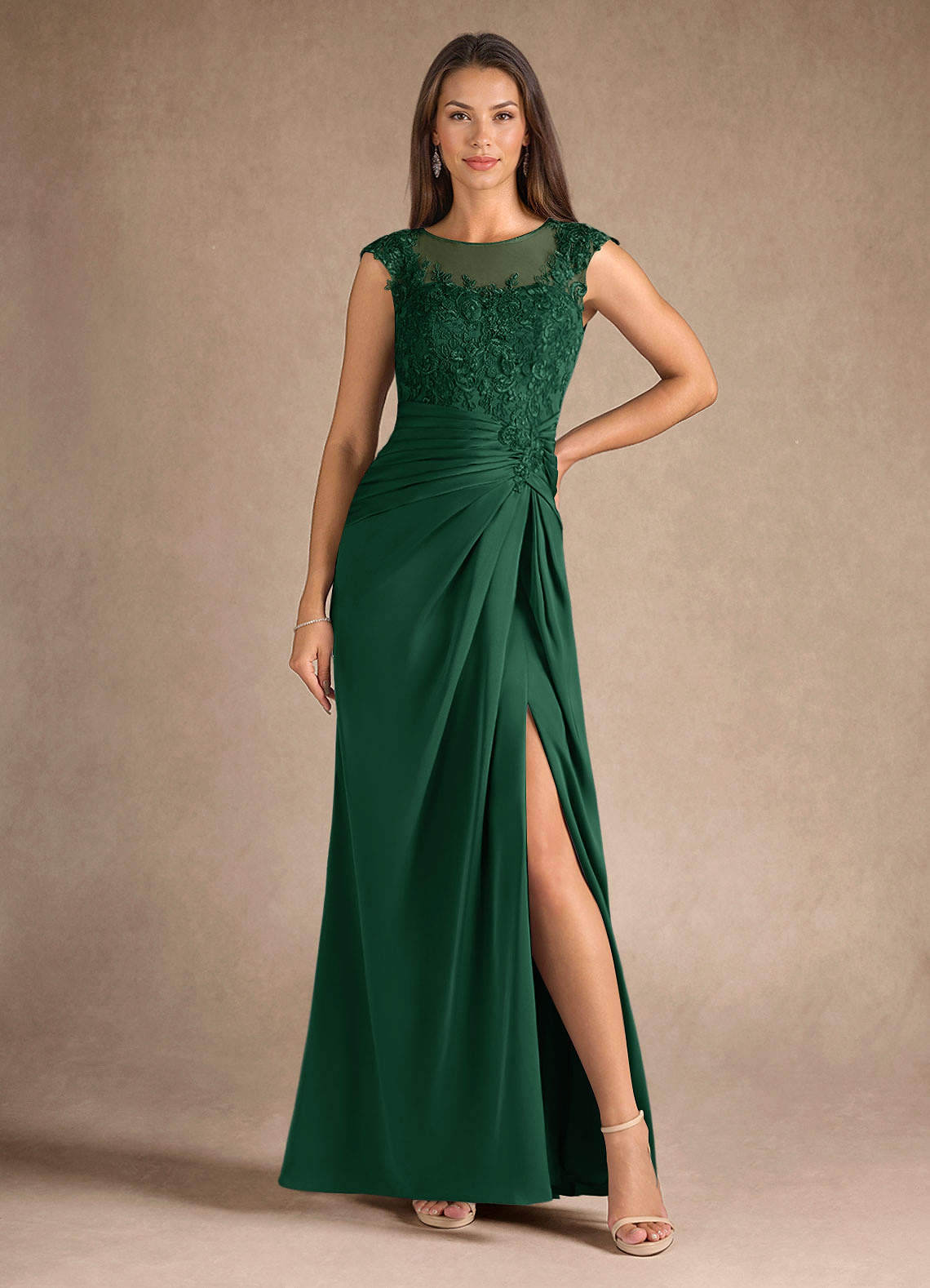 Azazie Santa Barbara vestidos de madre de la novia Vestido de Verde Oscuro de Satén Elástico de Recto con Plisado image4