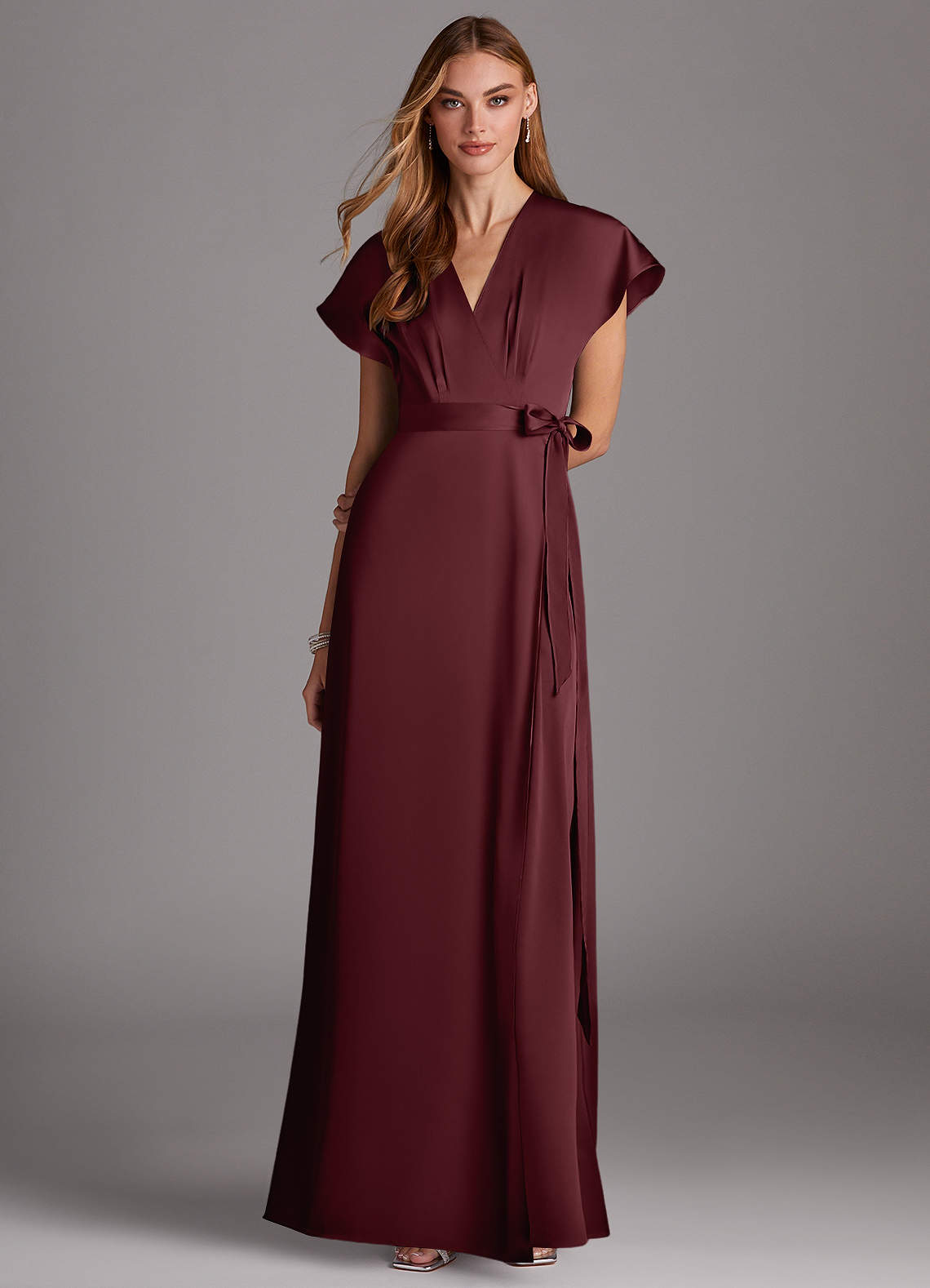 Azazie Nico Bridesmaid Dresses Cabernet A-Line V-Neck Stretch Satin Dress image1