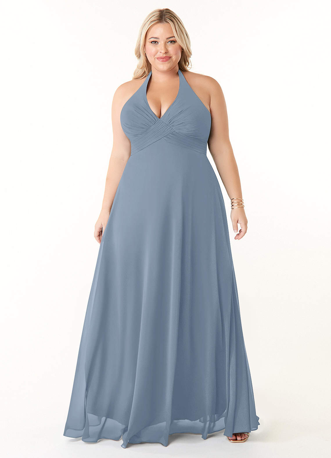 Azazie Tessie Vestidos de damas de honor Vestido de Azul Polvoriento de Gasa de Corte en A con Cuello en V plisado image5