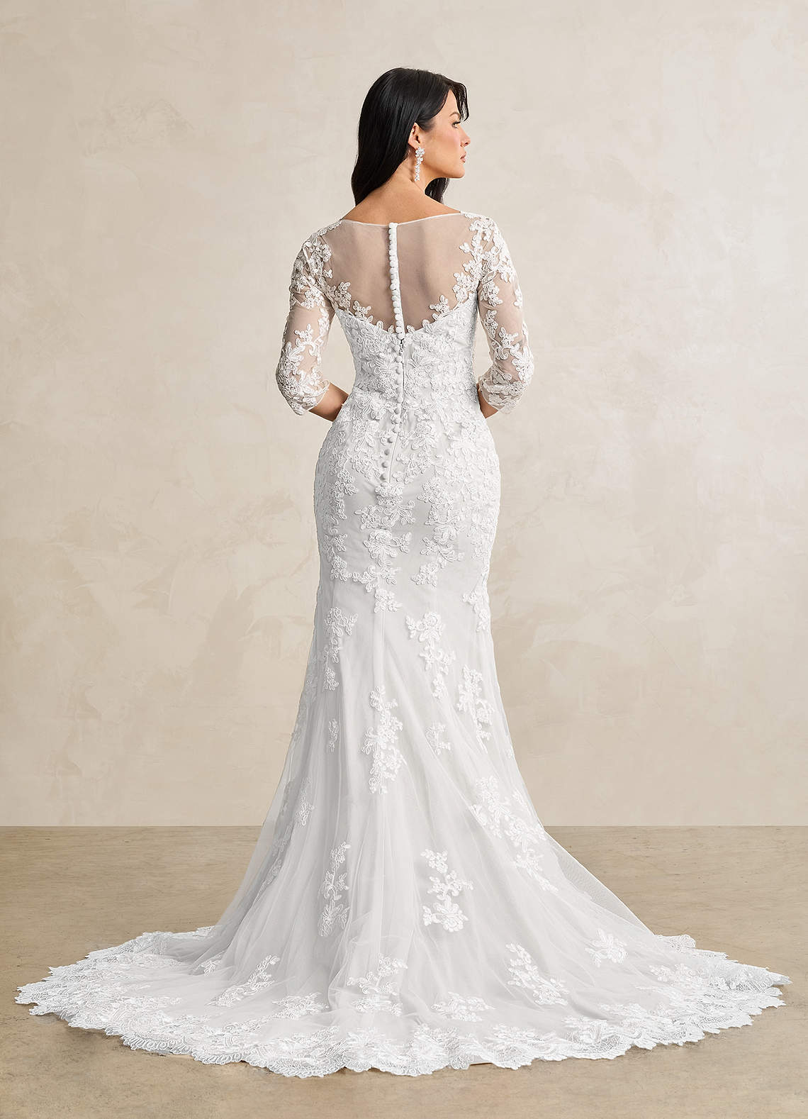 Azazie Neela Wedding Dresses Diamond White Mermaid V-Neck Lace Tulle Dress image4