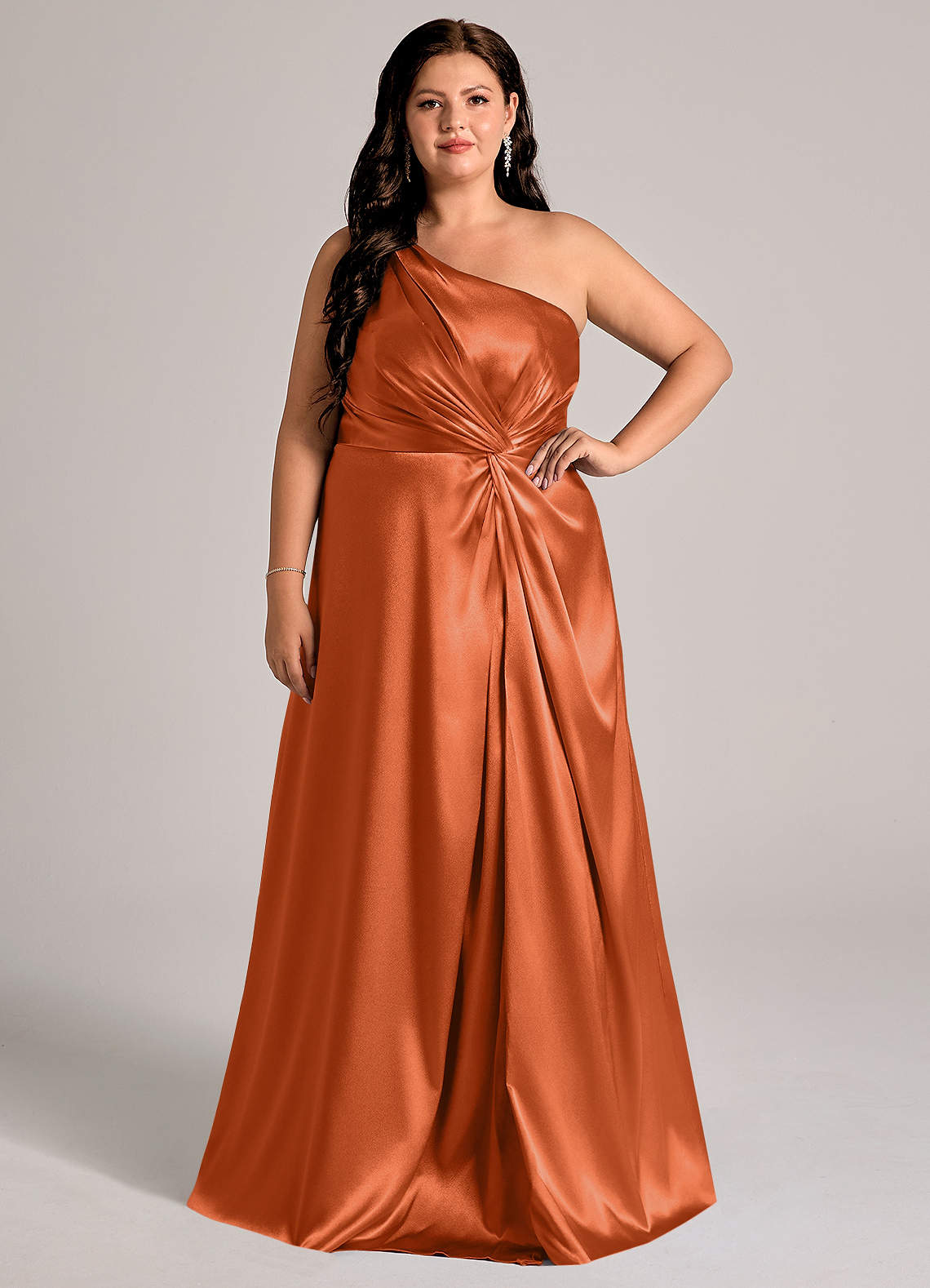 Azazie Brooke Bridesmaid Dresses Burnt Orange A-Line One Shoulder Metallic Satin Dress image1