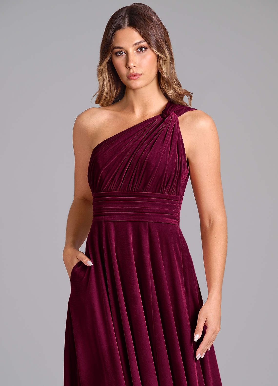 Azazie Charlize Bridesmaid Dresses Cabernet A-Line One Shoulder Velvet Dress image5