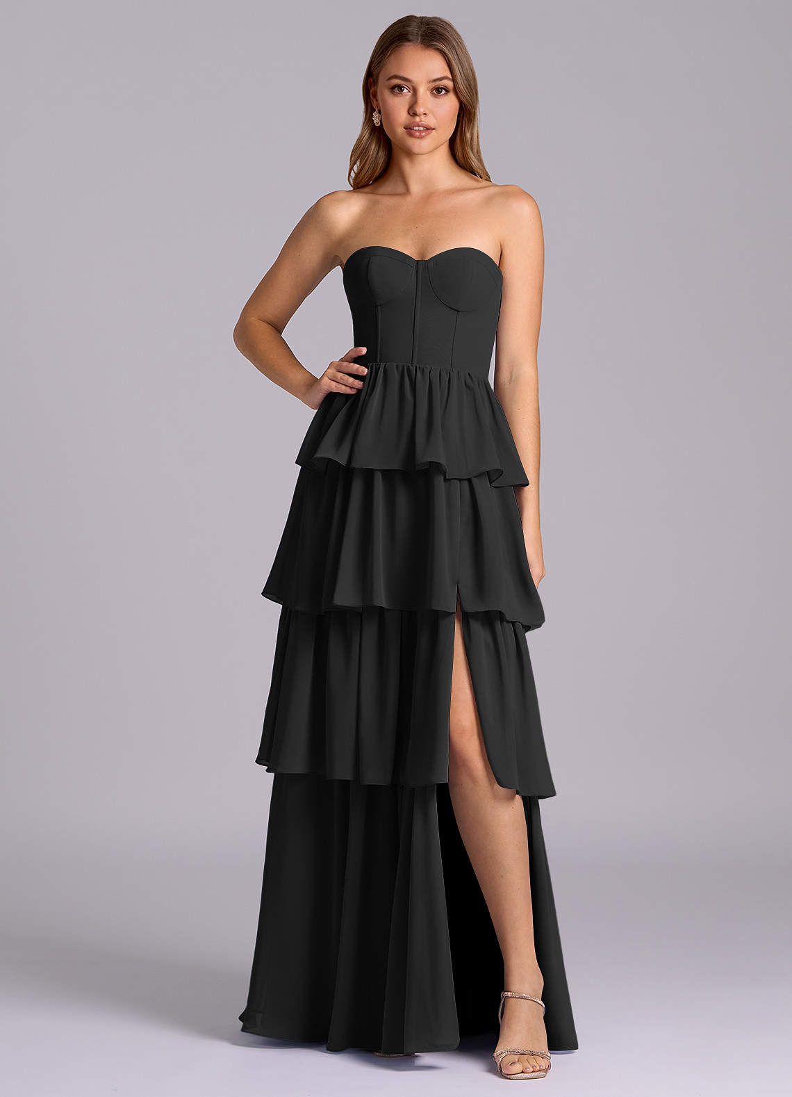 Azazie Faye Bridesmaid Dresses Black A-Line Sweetheart Neckline Chiffon Dress image1