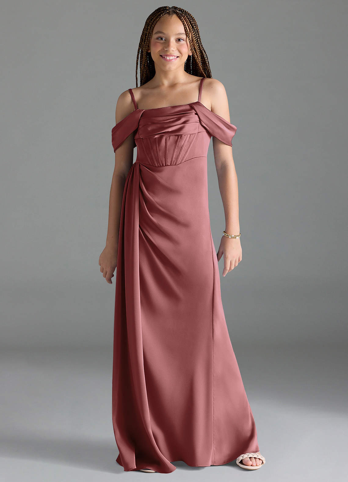 Azazie Amyra Junior Amethyst Sheath Off the Shoulder Stretch Satin Dress image1