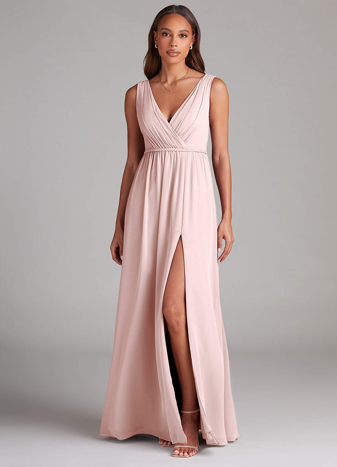 Azazie Tanicia Robes de demoiselle d'honneur Robe Trapèze en Mousseline de soie Plissée Rose Pâle image1