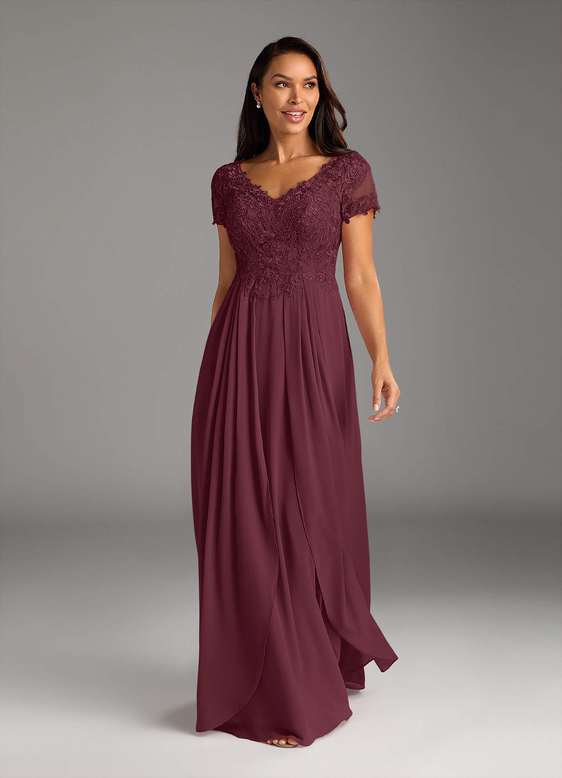 Azazie Dunja Cabernet A-Line V-Neck Lace Chiffon Dress | Azazie